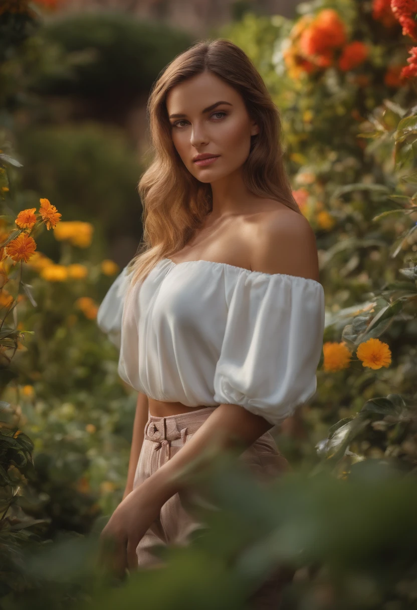 4k, realista, carismatic, muy detallado, Hay una chica en Garden House, Mujer conejo que lleva , Tema suave, pants, 25 years old, cuerpo completo