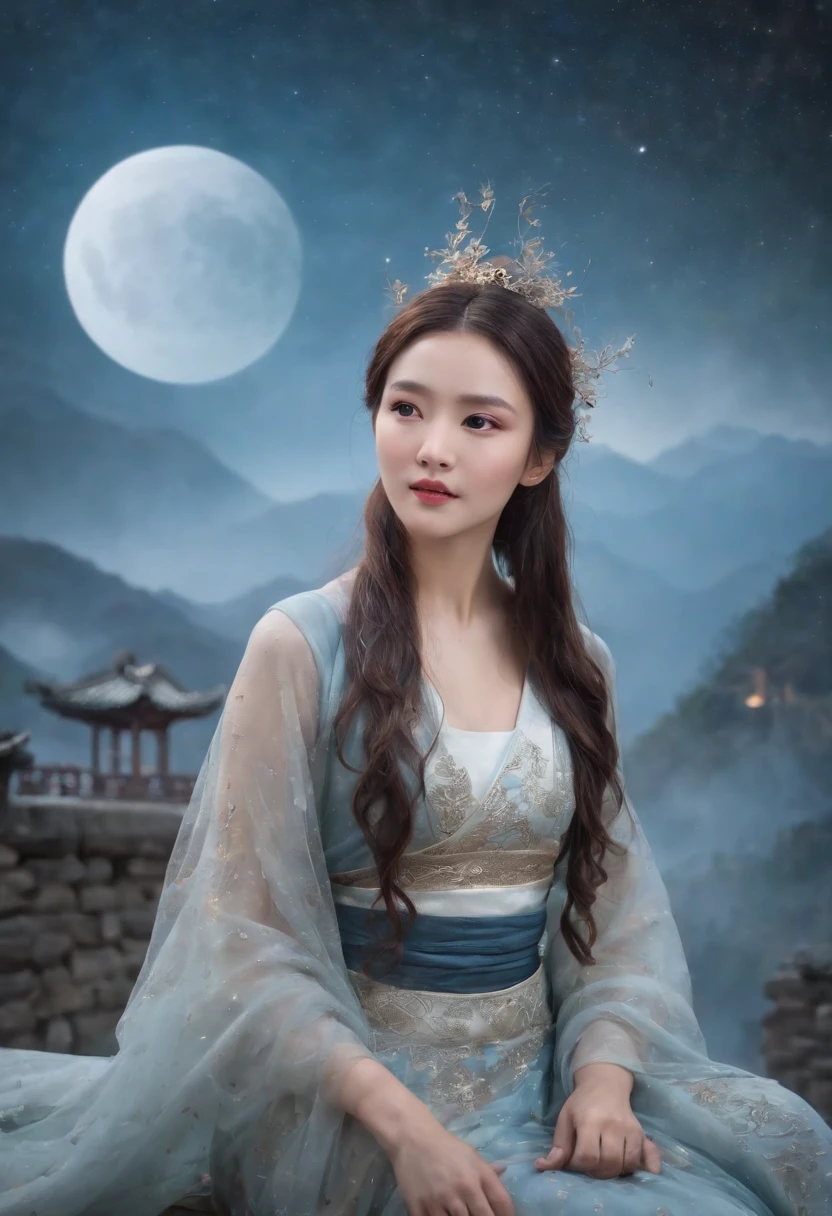 (Masterpiece, Best quality: 1.4)， Detailed background，The beautiful fairy of ancient China looks into the camera，Streamers，Gauze clothes，Floating in mid-air，Elevation viewing angle，The Milky Way is brilliant，The full moon is empty，