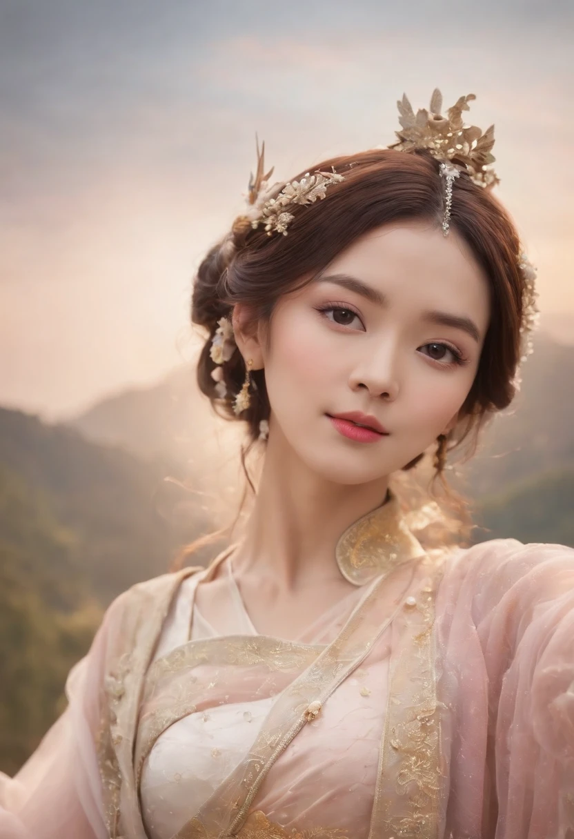 (Masterpiece, Best quality: 1.4), Detailed background,The beautiful fairy of ancient China looks into the camera,Streamers,Gauze clothes,Floating in mid-air,Elevation viewing angle,The Milky Way is brilliant,The full moon is empty,