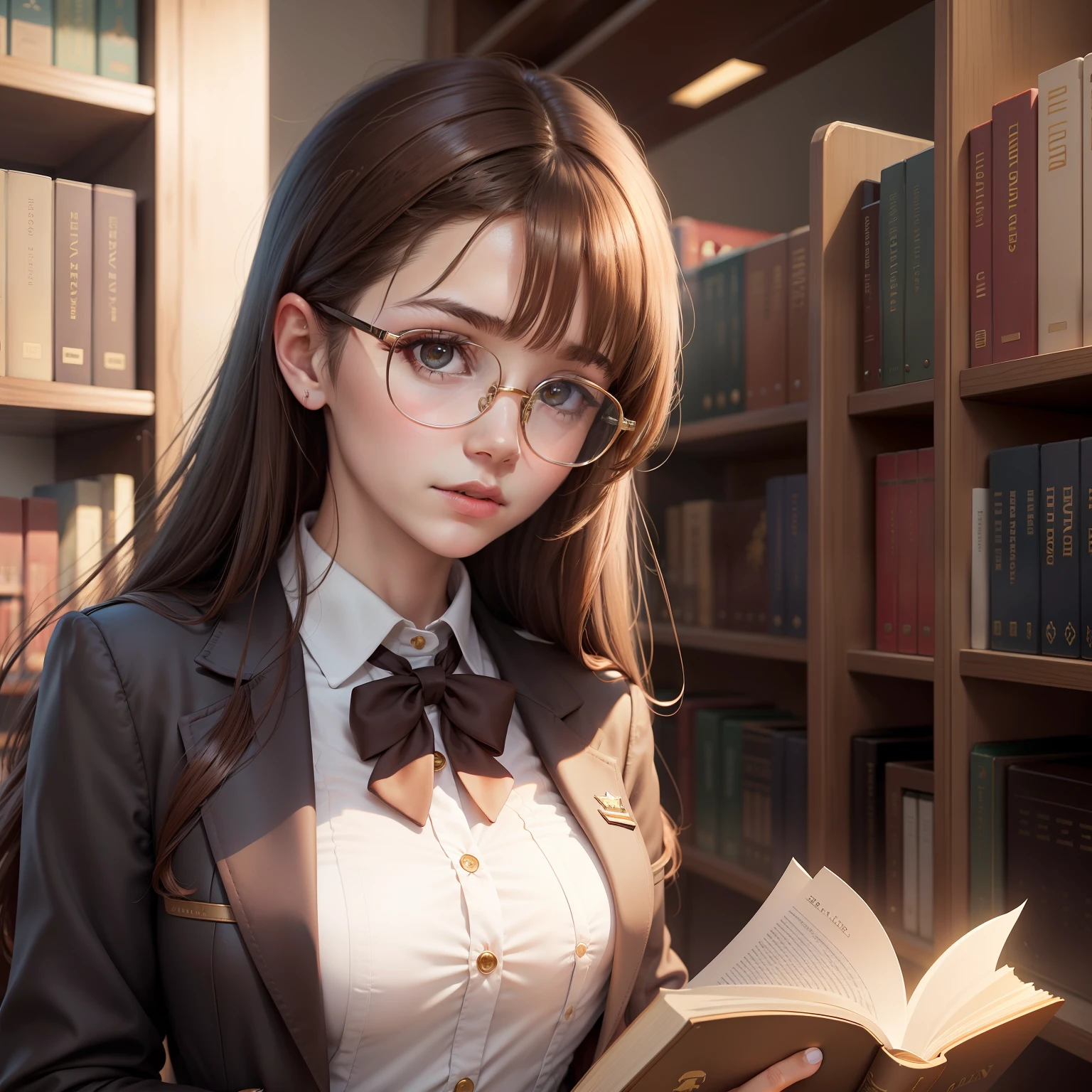 A woman,Wear a school uniform,Brown hair long,With gold glasses,Look for books in front of library shelves,High-definition large image,cold shades