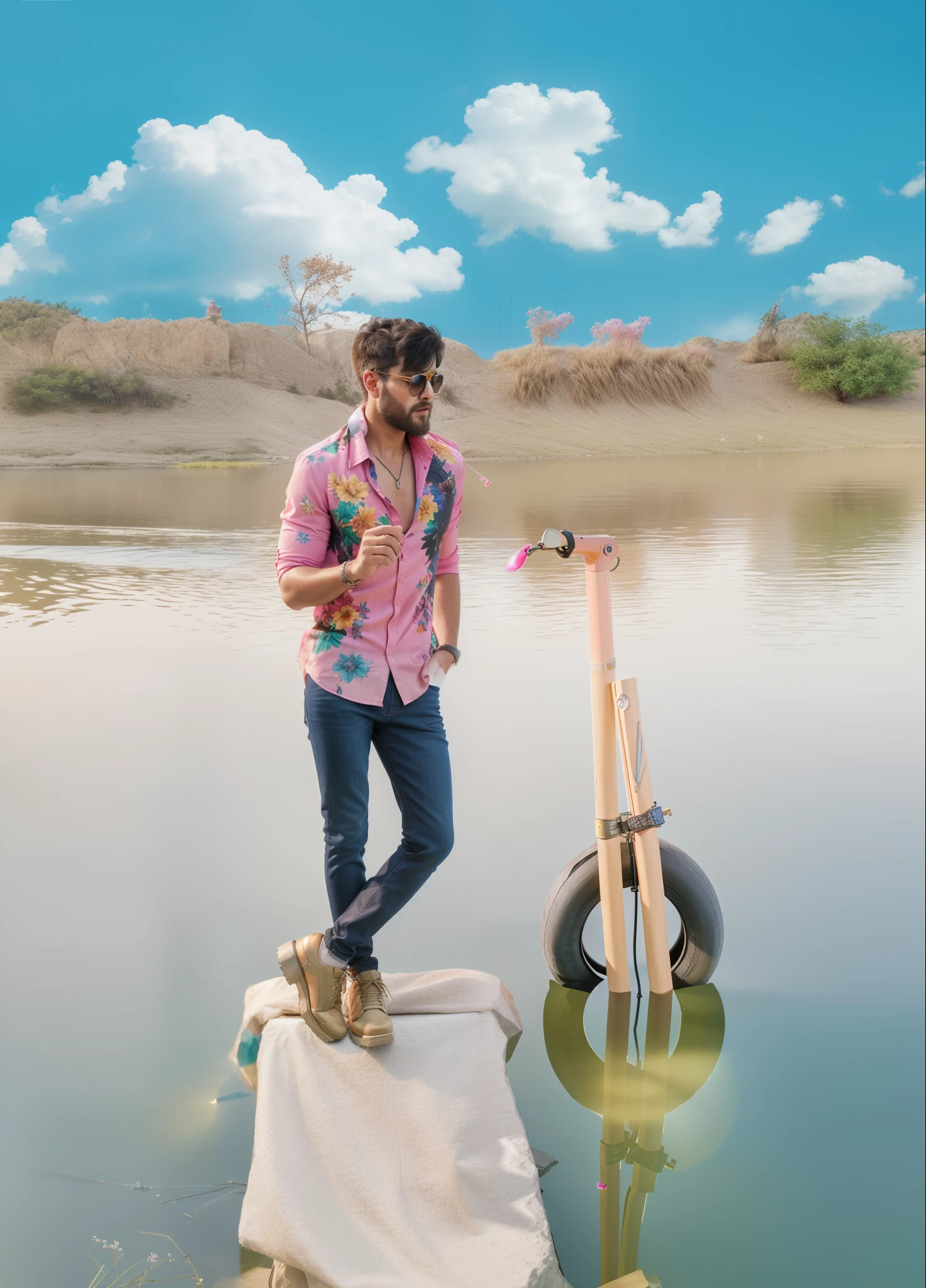 (full body:1.2),(best quality,4k,8k,highres,masterpiece:1.2),ultra-detailed,(realistic,photorealistic,photo-realistic:1.37), portrait, man in a pink shirt, man in black jeans, pink shirt, black jeans, White scarf around neck, sun glasses in hand, beautiful dress, realistic shirt, realistic jeans, hyperrealistic, hyperdetailed, beautiful pose, realistic look, vivid colors, sharp focus, studio lighting, physically-based rendering