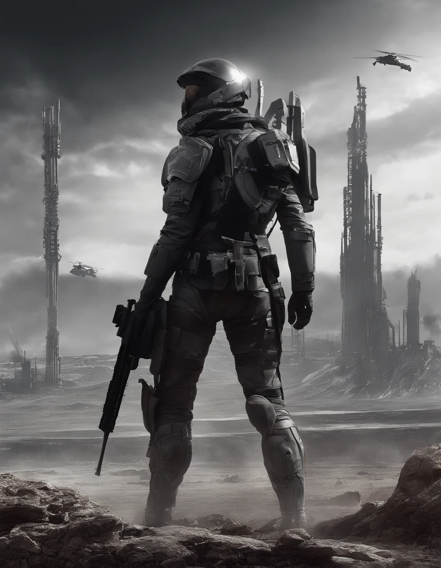 Future Battlefield，Alien Civilization War，Gunsmoke fills，A small mound，A red flag is planted on it，A soldier in armor，full armour，The background is the army of the SA，The picture is stunning，Magnificent，Magnificent，in the style of futuristic