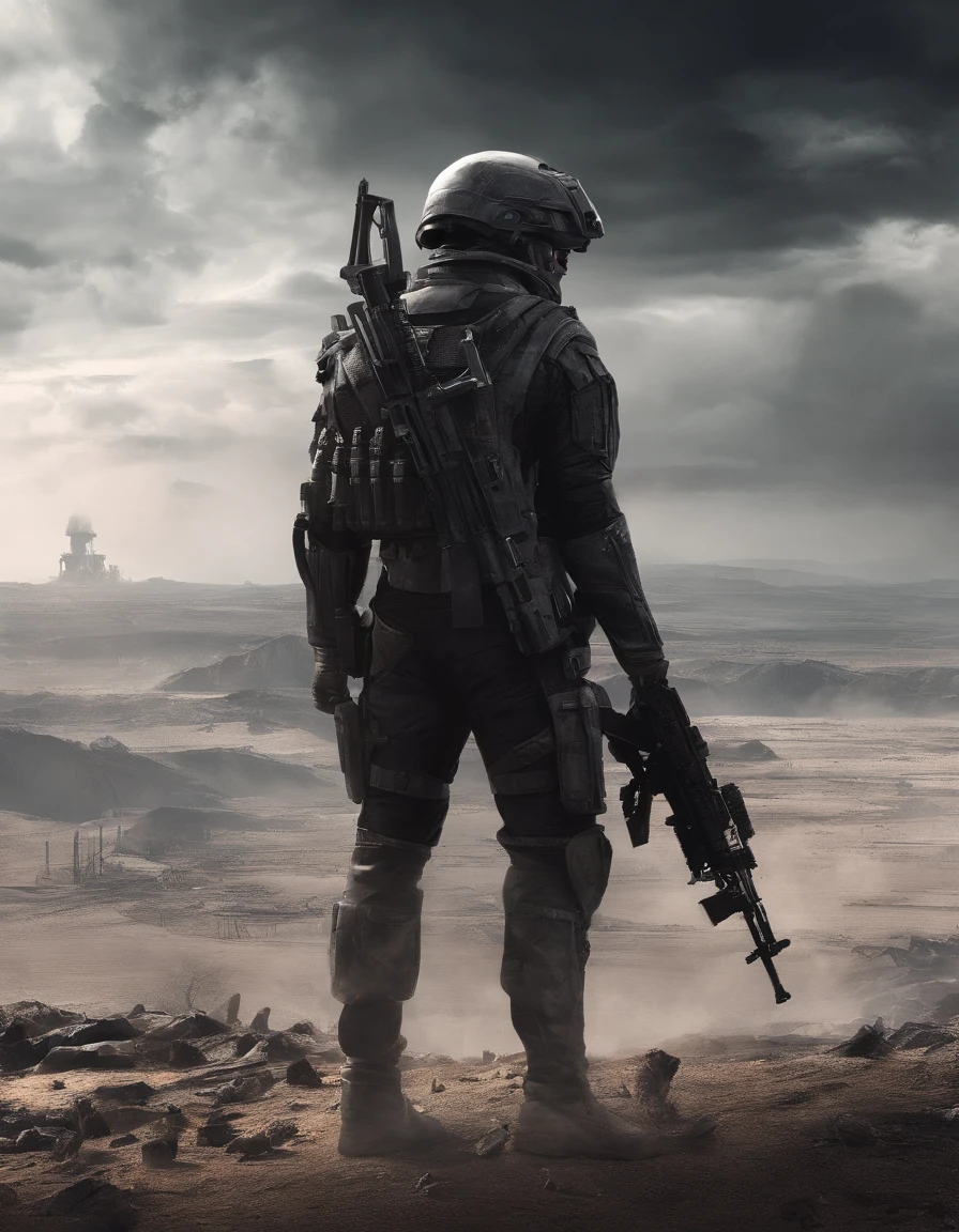 Future Battlefield,Alien Civilization War,Gunsmoke fills,A small mound,A red flag is planted on it,A soldier in armor,full armour,The background is the army of the SA,The picture is stunning,Magnificent,Magnificent,in the style of futuristic