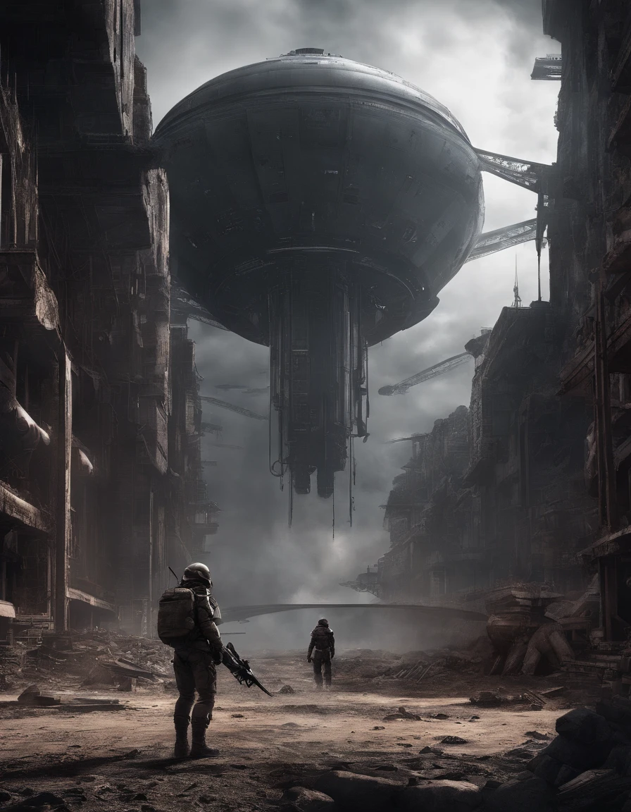 Future Battlefield,Alien Civilization War,Gunsmoke fills,A small mound,A red flag is planted on it,A soldier in armor,full armour,The background is the army of the SA,The picture is stunning,Magnificent,Magnificent,in the style of futuristic
