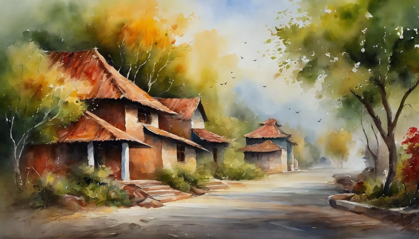 Vietnamemes scance, Old residential area,Red brick building,Big banyan tree,Clean the pavement,Fallen leaves,autumnal,in the early morning,Light yellow tone,super-fine,Carefully portrayed,high qulity,8K,