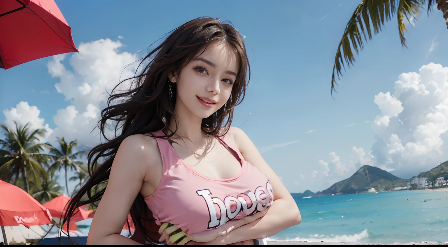 ((best qualtiy, 8K, tmasterpiece:1.3)), edgy:1.2, A beautiful woman with a perfect body:1.4, Slim Abs:1.2, ((Layered hairstyle, tits huge:1.5)), (Athens,the street:1.2),saturated:1.5,Highly detailed facial and skin texture,A detailed eye,Double eyelidd,Look at the camera sideways,open shirt,navels,exposed navel,Cover your chest with your hands,hands on breasts, , Sunny weather, seaside, waves, palm tree, White t-shirt and ripped shorts, Sunny weather, seaside, waves, palm tree, White t-shirt and ripped shorts, Sunny weather, seaside, waves, palm tree, (Pink Sport Tank Top T-Shirt & torn shorts), (Pink Sport Tank Top T-Shirt & torn shorts), (Pink Sport Tank Top T-Shirt & torn shorts), (Pink Sport Tank Top T-Shirt & torn shorts), (Pink Sport Tank Top T-Shirt & torn shorts), (Pink Sport Tank Top T-Shirt & torn shorts), (Pink Sport Tank Top T-Shirt & torn shorts), (Long hair), (Long hair), (Long hair), (White tank top t-shirt and ripped jeans), (Extra-large breasts), , (Extra-large breasts), (Extra-large breasts), (Extra-large breasts), (Extra-large breasts), (Extra-large breasts), (Extra-large breasts), (She crossed her arms and said,), (She crossed her arms and said,), (She crossed her arms and said,), (She crossed her arms and said,), (She crossed her arms and said,), (Beach umbrellas, cocktail), (Beach umbrellas, cocktail), (Beach umbrellas, cocktail)(Sorrisos), (navels), (Sorrisos), (navels), (Sorrisos), (navels), (Sorrisos), (navels), (Sorrisos), (navels), (Sorrisos), (navels), (Sorrisos)