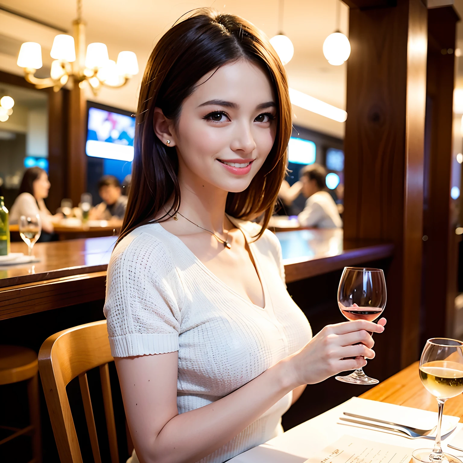 (64K, UHD, top quality, masterpiece: 1.2), (realistic, photorealistic: 1.37), super detailed, pretty woman 1 person, (slim face), (slim body), (brown hair), (short cut), cheeks slightly blushing, (44 years old), 38 years old, solo, beautiful detailed urban night view outside the window, restaurant, wine glasses sit, at night, in a prominent placeNovaFrogStyle, Actress, Model, Waist Up, White Wine, Slim, Wine Glass, Super Clean Night View, Wine Glass Put in the Middle, Happy Smile, (Smile: 1.15), Beautiful Fine Eyes, Upper Body, Bust Japan Up, Night, Short, Short, Actress, Model, Waist Up, White Wine, Slim, Wine Glass, Super Clean Night View, Wine Glass Put in the Middle, Happy Smile,