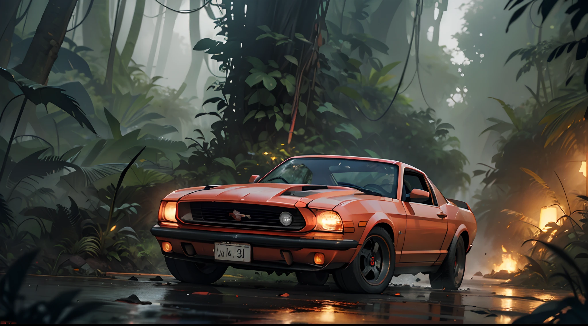 a rusty old red mustang car in jungle, rainy day, harsh light, dark environment,  rusted car parts scattered on the ground, a chain, a gun, a dark and oppressive atmosphere, and a dramatic ambient light. spot  warm light on car , dark plants dark plants surrounding car, cinematic color grading, vain, apocalyptic color palette, ultra detailed, high definition, shallow depth of field, bokeh, rubble, wild vegetation, by pascal blanche, neil blevins, thomas kinkade