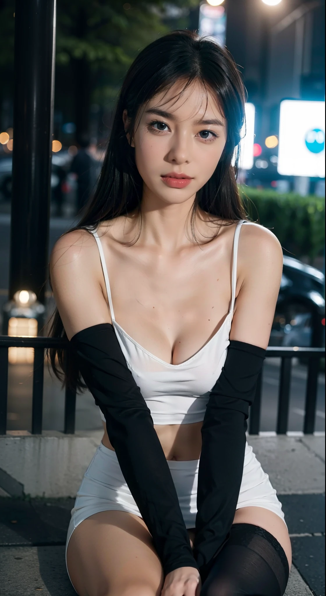 a sexy, gothic woman with American features with pale white skin with black hair and a mischievous smile, black eyes with bright red irises on an empty listening street in a park with dry and scary trees in a gloomy atmosphere