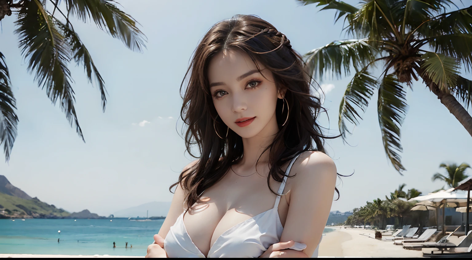 ((best qualtiy, 8K, tmasterpiece:1.3)), edgy:1.2, A beautiful woman with a perfect body:1.4, Slim Abs:1.2, ((Layered hairstyle, tits huge:1.5)), (Athens,the street:1.2),saturated:1.5,Highly detailed facial and skin texture,A detailed eye,Double eyelidd,long eyeslashes, long eyeslashes, long eyeslashes, long eyeslashes, Look at the camera sideways,open shirt,navels,exposed navel, Sunny weather, seaside, waves, palm tree, Sunny weather, seaside, waves, palm tree, Sunny weather, seaside, waves, palm tree, (Thin white super mini dress), (no bra & no panty), , (Thin white super mini dress), (no bra & no panty), (Thin white super mini dress), (no bra & no panty), (Thin white super mini dress), (no bra & no panty), (Thin white super mini dress), (no bra & no panty), (Thin white super mini dress), (no bra & no panty), (Thin white super mini dress), (no bra & no panty), (Long hair), (Long hair), (Long hair), (Extra Large Breasts), , (Extra Large Breasts), (Extra Large Breasts), (Extra Large Breasts), (Extra Large Breasts), (Extra Large Breasts), (Extra Large Breasts), (She crossed her arms and said,), (She crossed her arms and said,), (She crossed her arms and said,), (She crossed her arms and said,), (She crossed her arms and said,), (Sorrisos), (Sorrisos)