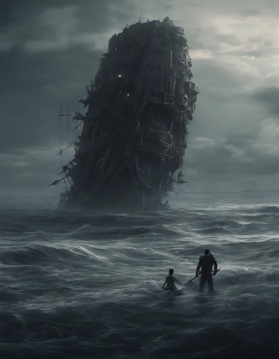 Ugly alien monsters, Body shape huge, standing in ocean, tosen, There is a small fishing boat around, A grand spectacle, Oppressive atmosphere, surrealism, Chiaroscuro, Cinematic lighting, Wide shot, Masterpiece, ccurate, Anatomically correct, Super detail, High details, Best quality