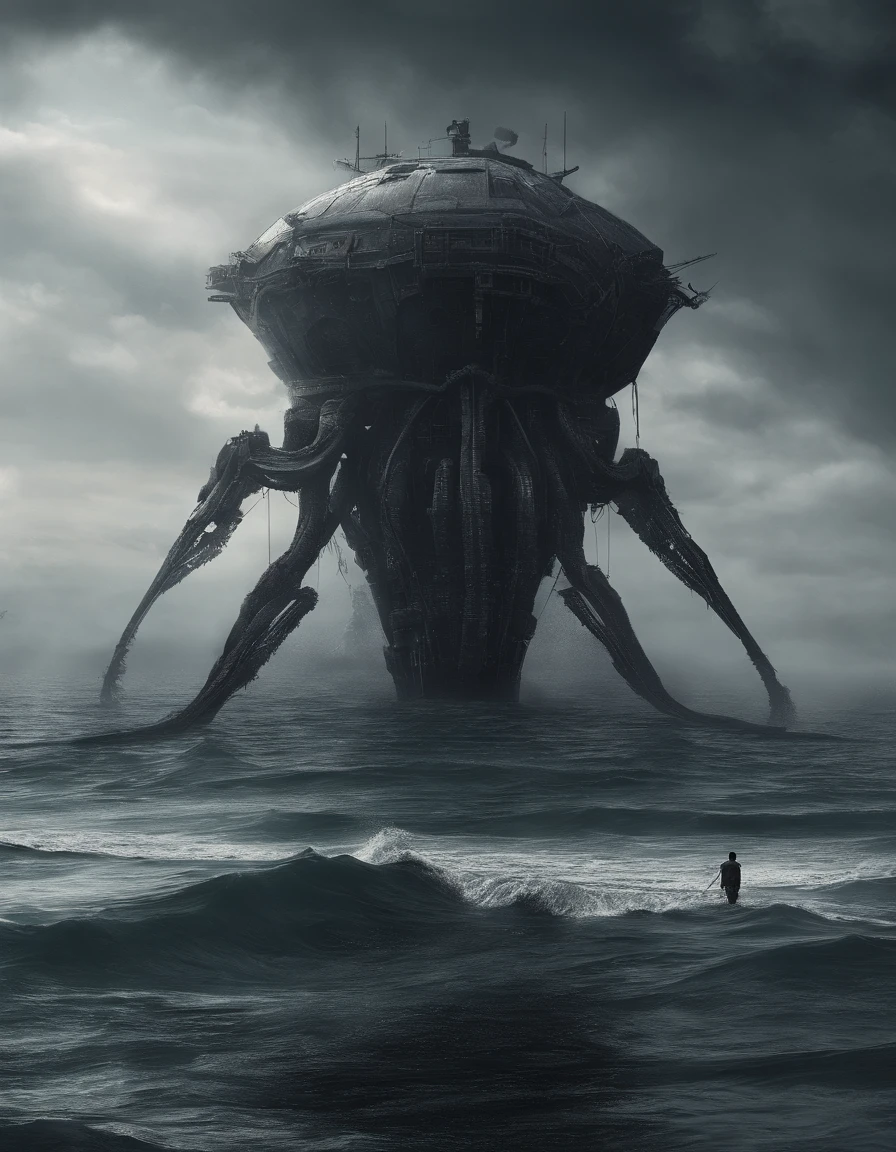Ugly alien monsters, Body shape huge, standing in ocean, tosen, There is a small fishing boat around, A grand spectacle, Oppressive atmosphere, surrealism, Chiaroscuro, Cinematic lighting, Wide shot, Masterpiece, ccurate, Anatomically correct, Super detail, High details, Best quality