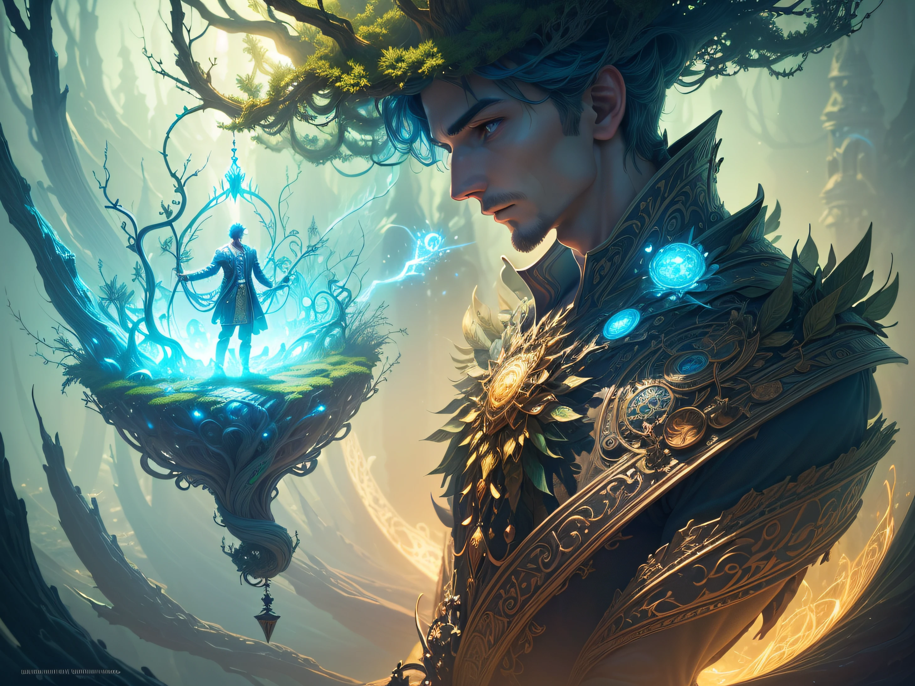 (("An imaginative artwork depicting a man's fantastical journey as he magically grows taller, surrounded by enchanting elements and a sense of wonder,")) (("Digital Illustration, Magical Growth, Fantasy, Close-up Shot, Colorful and Mystical Lighting"))