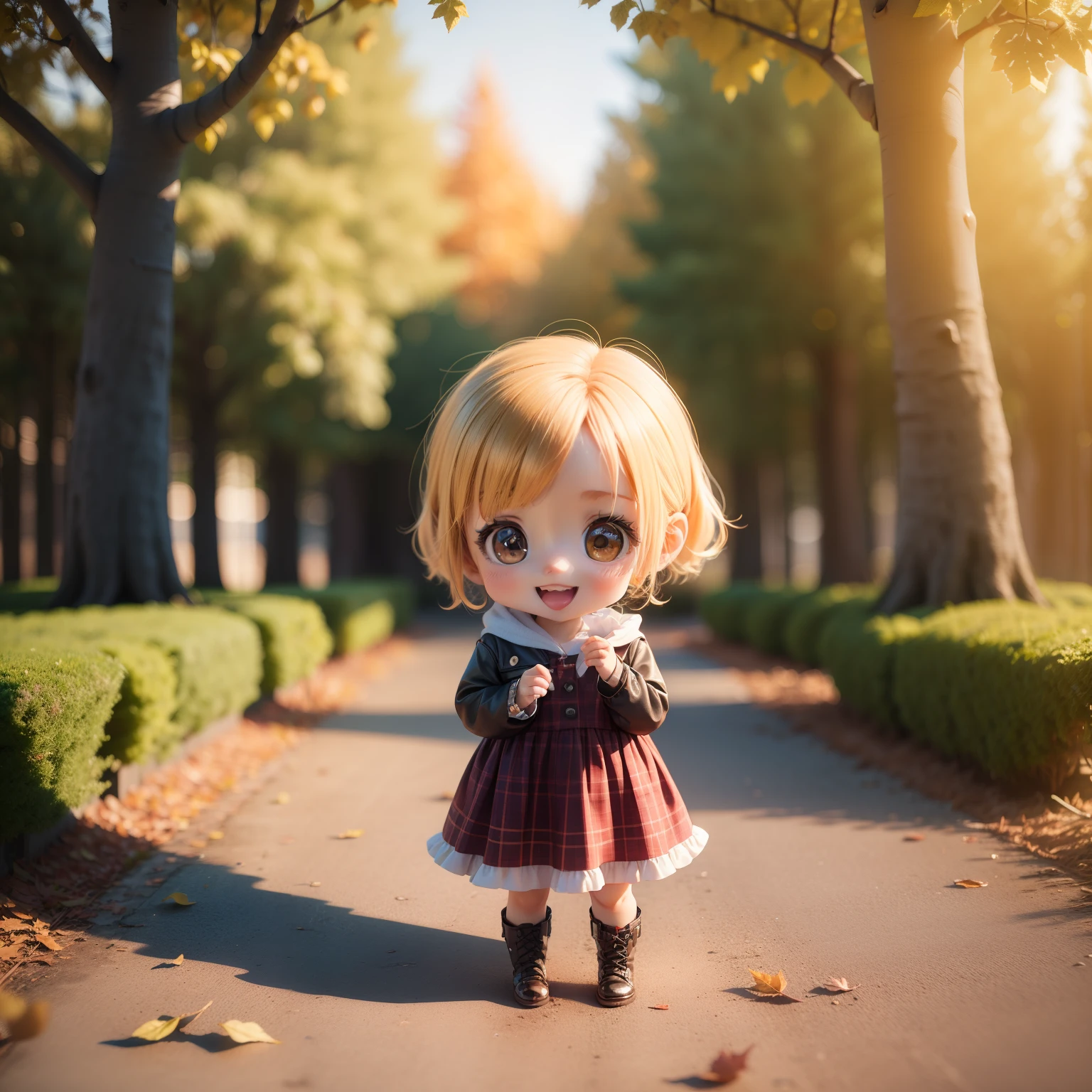 Cute Baby Chibi Anime,(((chibi3d))) (best quality) (masterprice)、Tartan check dress、Amiage Boots、Standing、Detailed small face、Open your mouth and smile、Fairytale Autumn Forest、Dazzling morning sun