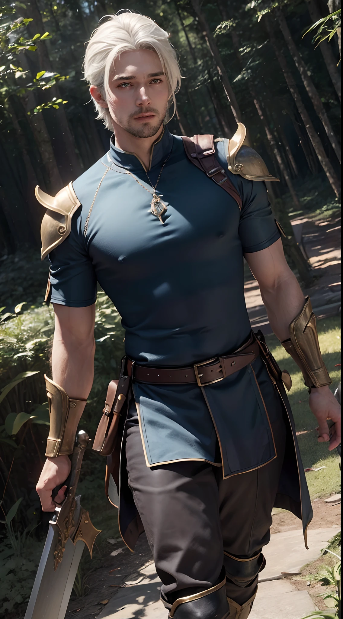 ((Best quality)), ((masterpiece)), (detailed:1.4), 3D, an image of a beautiful fantasy character ,HDR (High Dynamic Range),Ray Tracing,NVIDIA RTX,Super-Resolution,Unreal 5,Subsurface scattering,PBR Texturing,Post-processing,Anisotropic Filtering,Depth-of-field,Maximum clarity and sharpness,Multi-layered textures,Albedo and Specular maps,Surface shading,Accurate simulation of light-material interaction,Perfect proportions,Octane Render,Two-tone lighting,Wide aperture,Low ISO,White balance,Rule of thirds,8K RAW, Handsome man , tall, lean muscular body , Handsome man , White hair , very Short hair , Blue eyes , light skin , muscular, age 28, in a lush forest, walking , sunny day, fantasy mmo attire