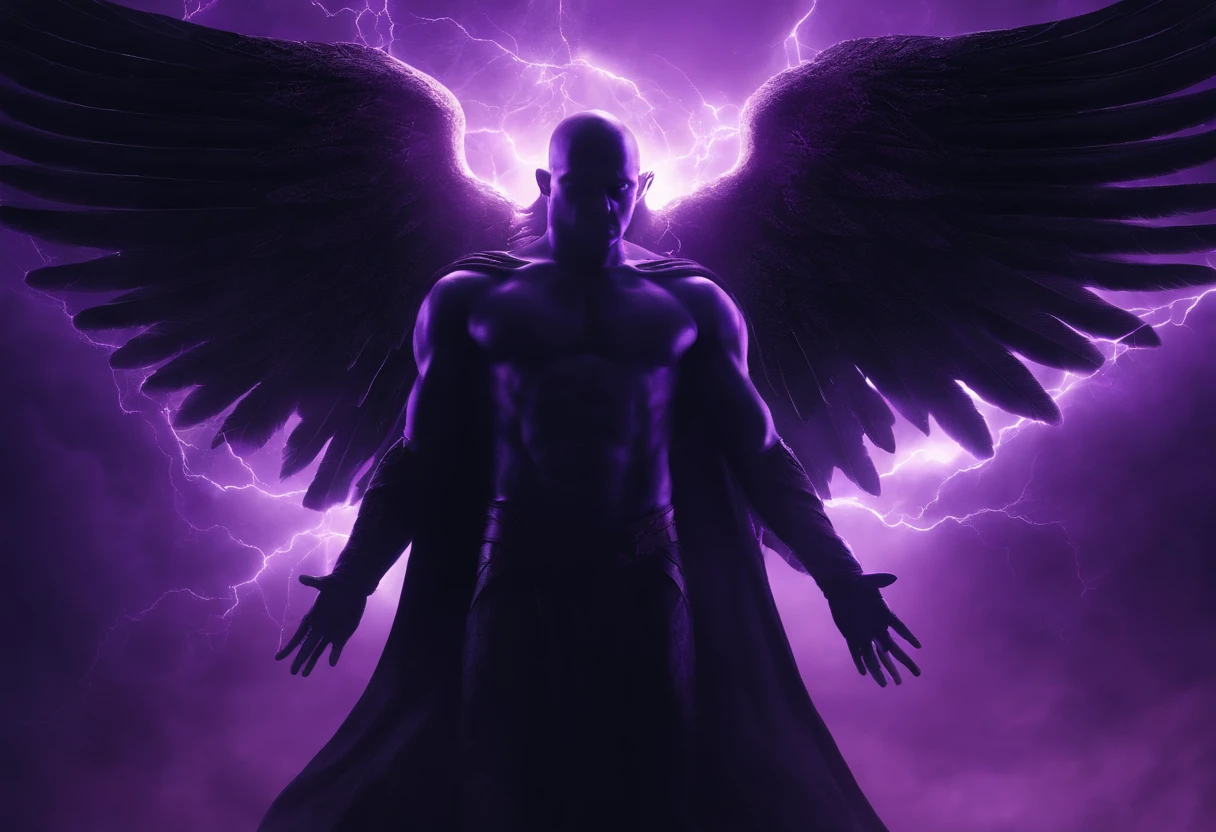 guy, in the form of a god, with six wings behind his back, and a black halo over his head, with purple lightning particles in the air, realism, clarity, quality, artstation, cinema light