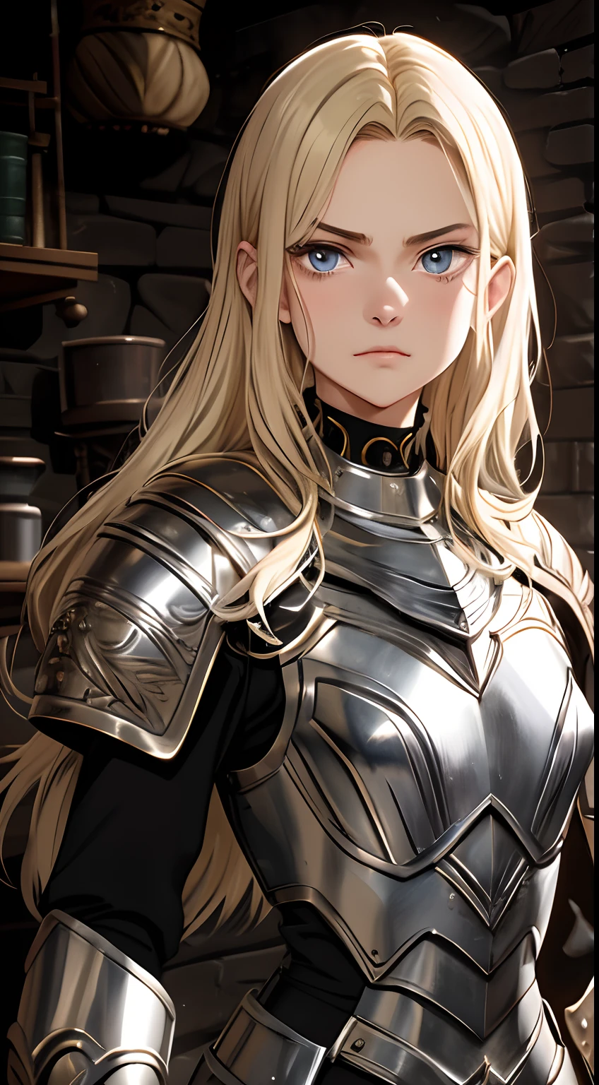 masterpiece, best quality, absurdres, beautiful girl, platinum armor, detailed engraving, engraved breastplate, upper body, looking at viewer, medieval, angry, sad, blonde hair, punishment cell, dungeon, dark stonework room, night, highres, ultra detailed, finely detail, detailed eyes and face and skin, sharp pupils, realistic pupils, sharp focus, slightly light