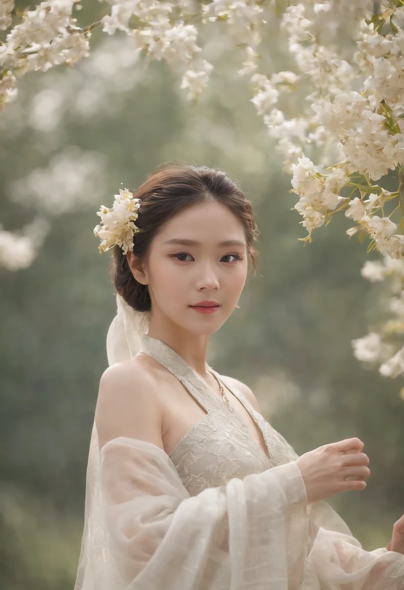 (Masterpiece, Best quality: 1.4)， Detailed background，Beautiful fairies in ancient China look at the camera，Delicate headgear，Streamers，Gauze clothes，Floating in mid-air，Elevation viewing angle，The Milky Way is brilliant，The full moon is empty，Osmanthus flowers fluttering on osmanthus trees，Cinematic lighting effects