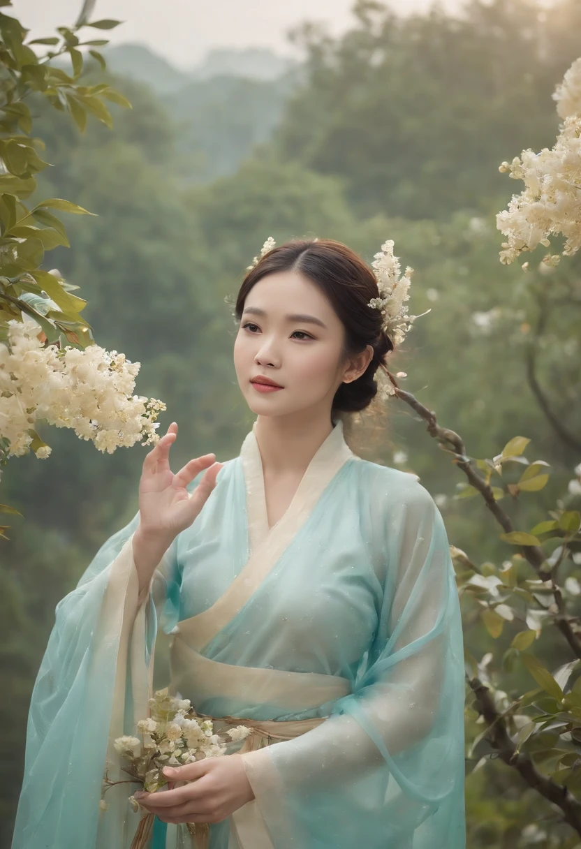 (Masterpiece, Best quality: 1.4)， Detailed background，Beautiful fairies in ancient China look at the camera，Delicate headgear，Streamers，Gauze clothes，Floating in mid-air，Elevation viewing angle，The Milky Way is brilliant，The full moon is empty，Osmanthus flowers fluttering on osmanthus trees，Cinematic lighting effects