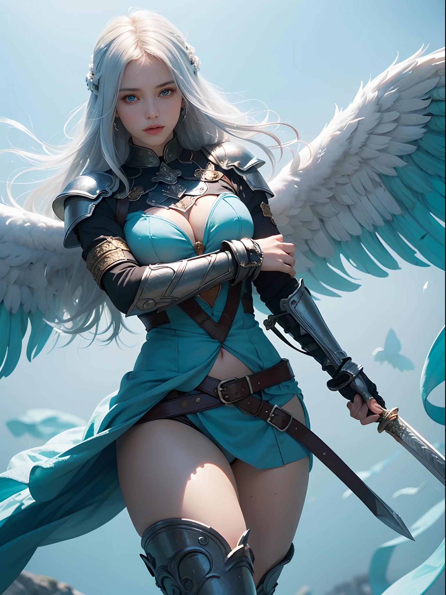 Unbeatable masterpiece, Ultra photo realsisim, Perfect artwork, Intricate details, Best quality, Strong light , High contrast, Dynamic pose, Dutch angle ,( 1girl wearing white armor , beautifulturquoise eyes , long white hair , turquoisewings , holding giant turquoise energysword infront of her , holding sword:1.3) ,(simple glowing background:1.25) ,masterpiece , best quality , wide-angleHyperdetailed , masterpiece , best quality .8k , natural lighting , soft lighting , sunlightMaximum Clarity And Sharpness , wide-angle Hyperdetailed , masterpiece , bestquality , 8k , natural lighting , soft lighting sunlight , HDR (High Dynamic Range) .Maximum Clarity And Sharpness , Multi-Layered Textures , holding sword , holdingweapon ,