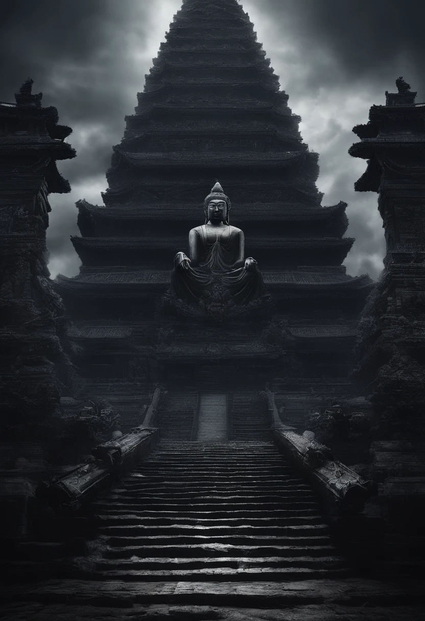 The artwork of the masterpiece is predominantly dark in style，In the distance stands a gorgeous black Buddha statue，Huge and awesome。Pilgrims on the road slowly advance along the stately stone steps，See this magnificent sight。The details are extremely delicate，It's hard to stop and watch。Official art showcases high-quality craftsmanship，Bring viewers an unimaginable visual experience。This painting is HD 8K wallpaper，Will take you into a mysterious and sacred world。
