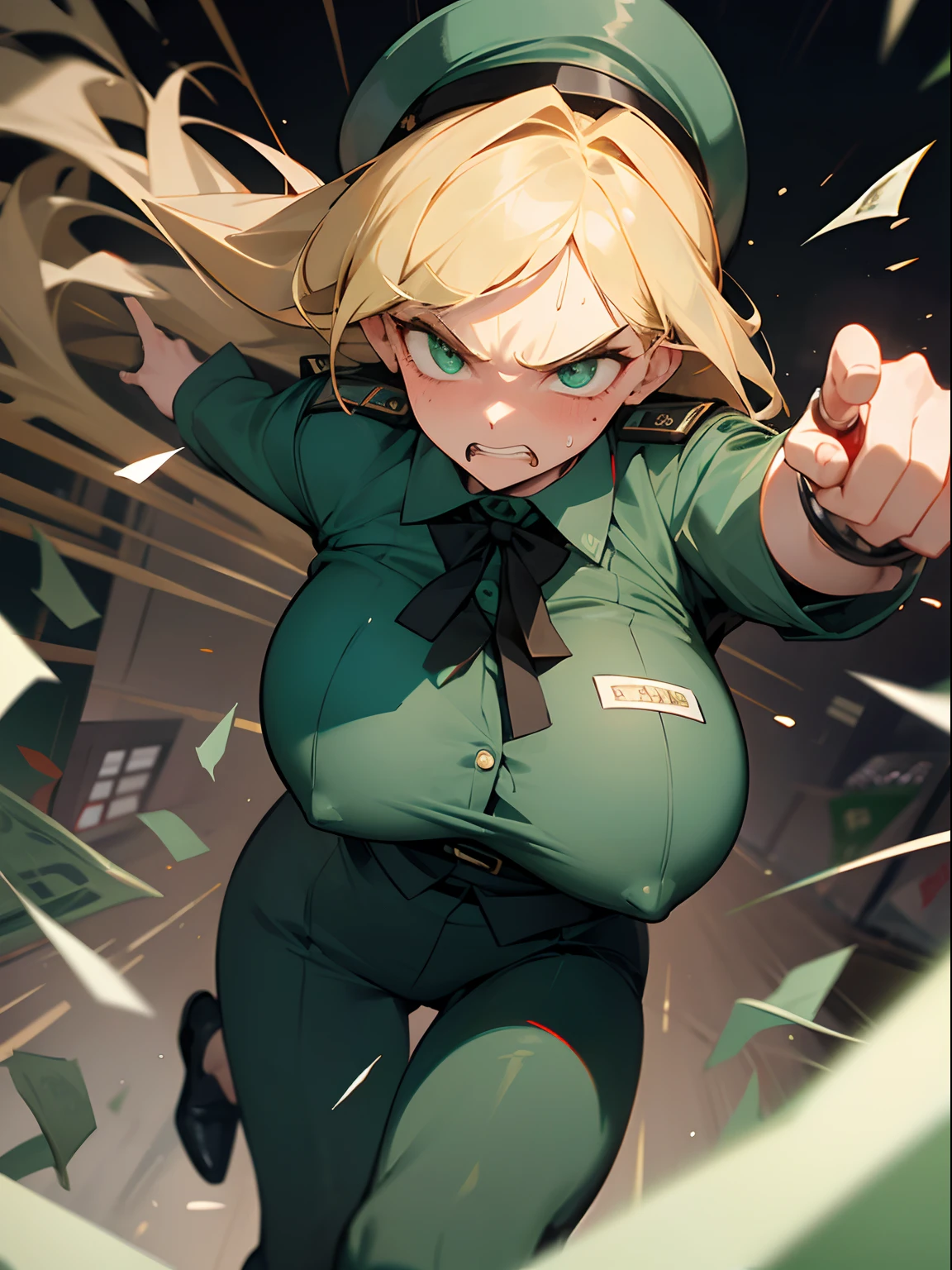 masterpiece,top-quality,banks,Woman running after me,Point the finger at me,blond woman in a,huge tit,Green eyes,policewoman,Police officer clothing,Holding handcuffs in your hands,Angry look,Clenching teeth,Red face,Sweating,Flying banknotes,Scattered money,