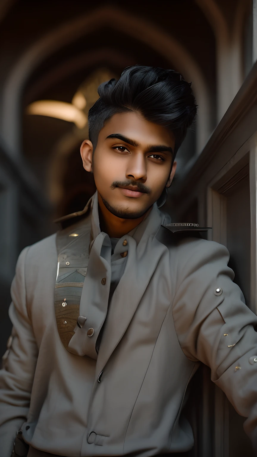 a mulatto 19 year old Indian boy soldier with a neat gray beard, very short gray hair, medieval armor, black, intricately ornamented, daylight, resplendent, late afternoon, epic light, fantasy, looking at camera, model pose