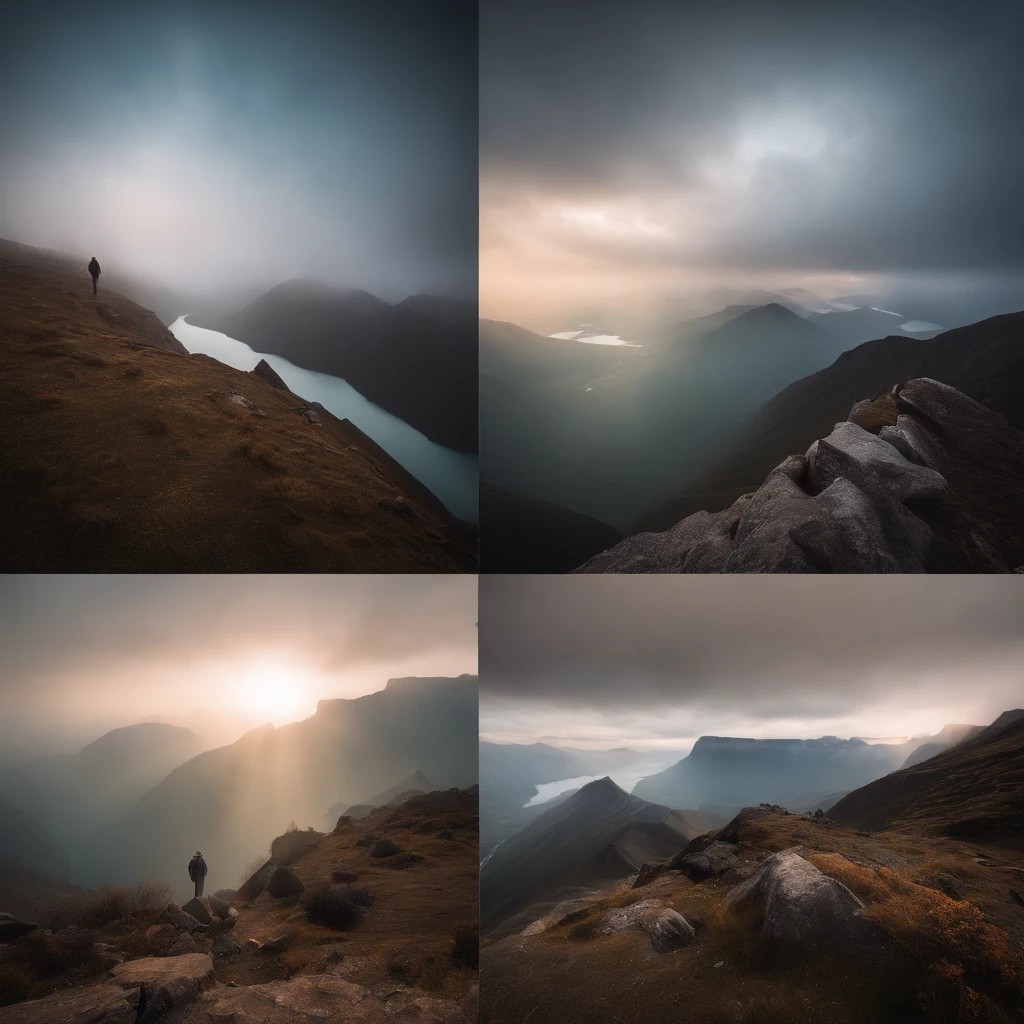 Magnificent view,Wonders of the world,Sunrise dawn,Andean landscape photography,Pale sunrise, Vast northwest(Andean landforms)mountain path,lakes,Odd Peak,A group of boulders in the shape of various glasses,cliff,(Two people sat shoulder to shoulder on the edge of the cliff:1.2),Broad field of view,Ren,Minimalist,Black-white-blue-gray tones,desolated,Aloneness,Cold, Foggy sky,Not dazzling morning sun,Nightmare vision,Dark fantasy plot,Perfect and excellent composition,8K分辨率,the detail,limitations,Close-up ultra-wide angle shot,Cool background,Jack Guzman's environmental art photography,realisticlying,cinematic compositions,A high resolution,vividness, A detailed, stunning skies,Colorful clouds float,true to life, Pubic area is clear, flawless perfection, Digital SLR, , 1024, 2048, 4096, A detailed, Sharp, best qualtiy, high qulity, absurderes,unmanned background,The is very detailed、Detailed lighting shadows,Trends on ArtStation、iintricate、high detal、dramatics、(Volumetriclighting:1.2)hdr shot。(Close-up,Super deep view,ultra-wide-angle,Microfocal length lens:1.2)(realisticlying:1.4)tmasterpiece、high high quality、Beautiful photography