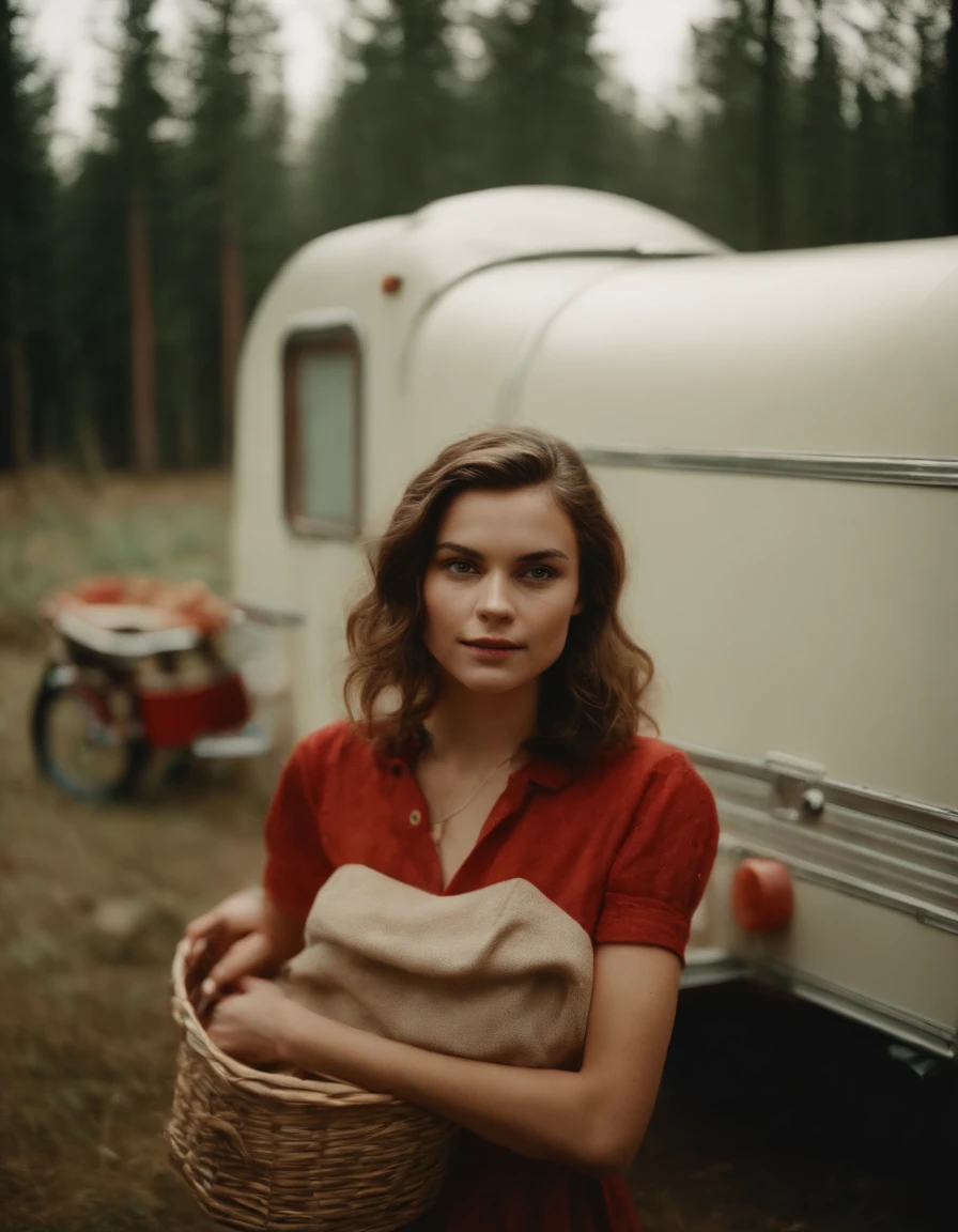 analog photography, ((upper body)), grain film, vintage photo, portra 400, flash, in the style of lo-fi aesthetics, a girl in near a camping trailer, light beige and red,