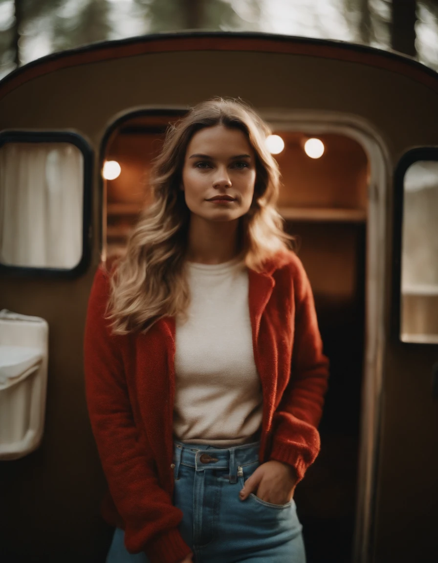 analog photography, ((upper body)), grain film, vintage photo, portra 400, flash, in the style of lo-fi aesthetics, a girl in near a camping trailer, light beige and red,