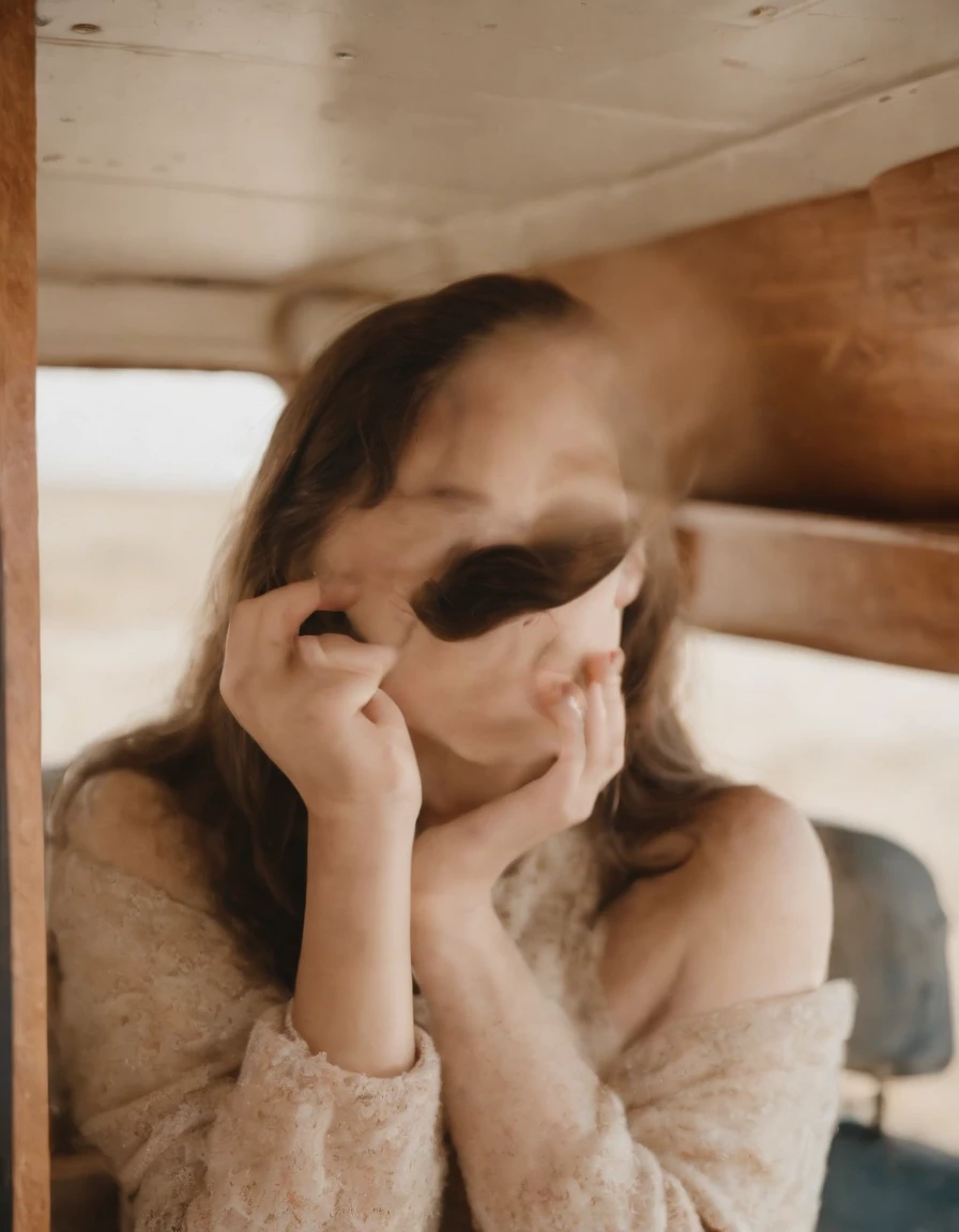 analog photography, ((upper body)), grain film, vintage photo, portra 400, flash, in the style of lo-fi aesthetics, a girl in near a camping trailer, light beige and red,