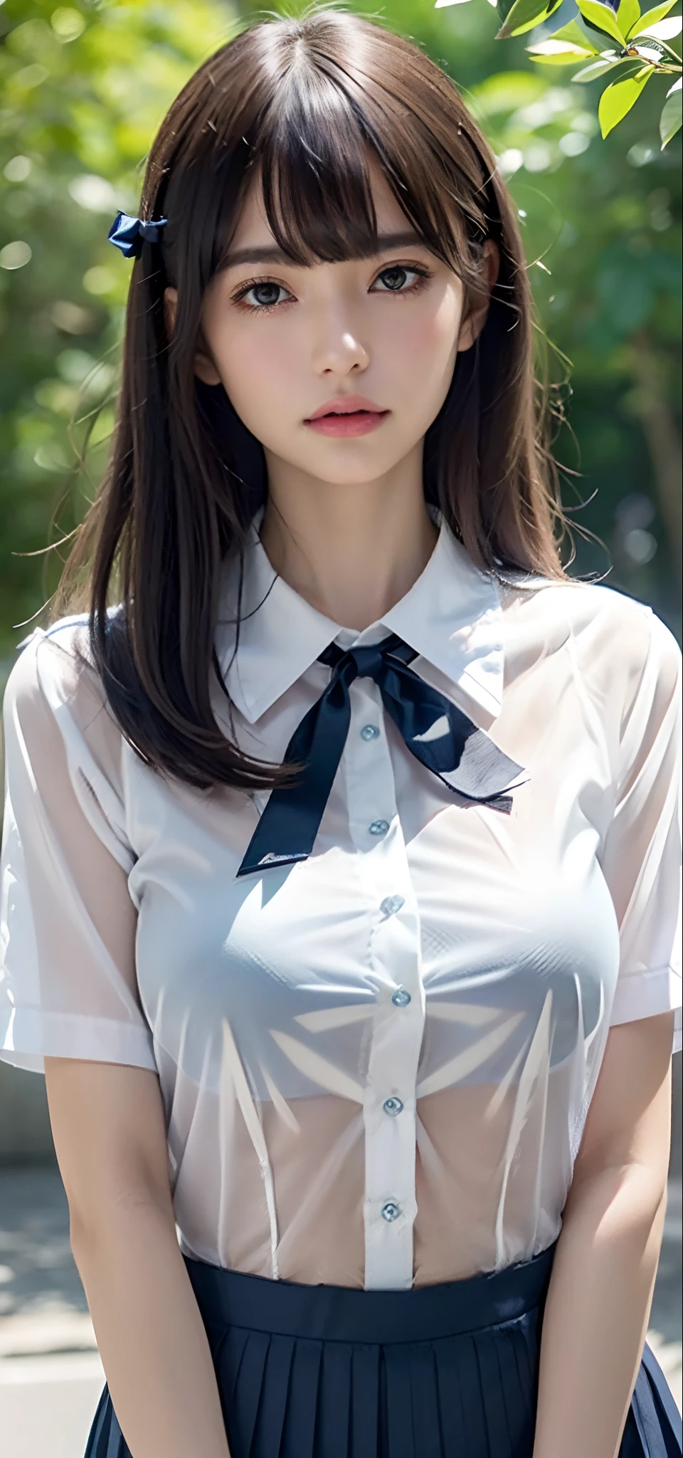 1womanl, up of face, Colossal tits,light brown hair, Blunt bangs, hair behind ear, hair over shoulder, Long hair, slender body shape, Ultra Fine Face, Thin face, Delicate lips, Beautiful eyes, thin blush, eyes are light brown, perfect glossy skin, flawless skin, Glistening sweat,View here, Ultra-thin hands, Ultra-fine fingers:realisitic:1.3), Broad-leaved forest, One-person viewpoint, Fuji Film, 8K, masutepiece, nffsw, ((Ultra ultra detail:1.3)), High quality, Best Quality, hight resolution, ((Detailed, High-quality and realistic finger reproduction:1.3))、the golden hour Beautiful light, (((Schoolgirl Uniform)))、(((White Short Sleeve Low Cut Front Button Sheer Shirt、dark blue ribbon at collar:1.2)))、((Ultra Micro Mini Dark Blue Sheer Pleated Skirt:1.3)),((Colossal tits)) (((Positive image:1.3))),((Very thin shirt:1.2)),((Bra is white with shoulder straps),((FULL BODYSHOT:1.3)) (off shoulders:1.3)
