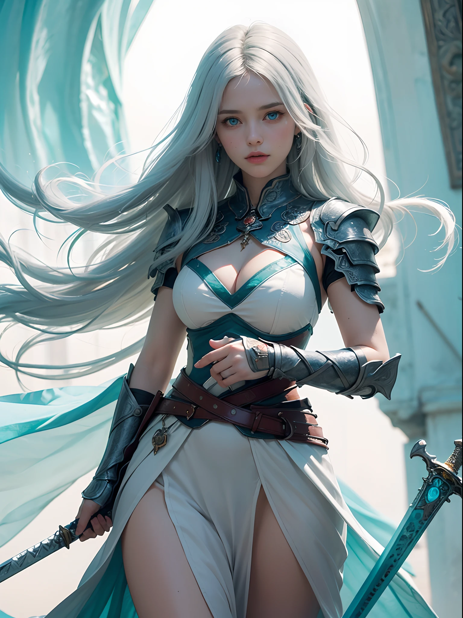 Unbeatable masterpiece, Ultra photo realsisim, Perfect artwork, Intricate details, Best quality, Strong light , High contrast, Dynamic pose, Dutch angle ,( 1 girl in white armor , Beautiful turquoise eyes , Long white hair , turquesa , In front of her held a huge turquoise energy sword , holdingsword:1.3) ,(Simple glowing background:1.25) ,Masterpiece , Best quality , Wide angle super detailed , Masterpiece , Best quality .8K , Natural lighting , Soft lighting , Sunlight brings maximum clarity and sharpness , Wide angle super detailed , Masterpiece , best qualtiy , 8K , Natural lighting , Soft lighting sunlight , hdr (HighDynamicRange) .Maximum clarity and sharpness , Multi-layered textures , holdingsword , holdingweapon ,