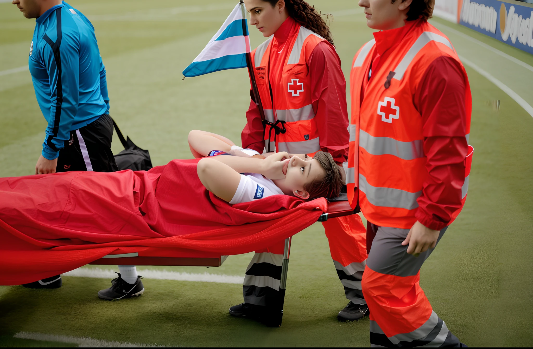 In a football stadium, a stretcher is carried from right to left, on the stretcher lies an injured short-haired footballer in dull and rough sports clothing, the head of the lying man can be seen at the right end of the stretcher, the man lies on his back and has both arms angled and his hands placed over his face, on the right of the stretcher is the man's face, the footballer's face lying on the stretcher is covered by his hands and is at the right end of the stretcher near the paramedics' bodies from his hands is covered,There are two madeup women I shiny and wetlook outfits carrying a stretcher on a sports ground, there is a slightly bearded and attractive young male sportsman lying injured on a stretcher with a very painful expression, there is a sportsman lying on his back on a stretcher and covers his painful looking face with his hands, there are women in wetlook laquered outerwear carrying a man on a stretcher in a sports stadium, there is a man on a stretcher being carried by two very madeup women, there is a bearded soccer-player lying on a stretcher, there is a soccer-player on a stretcher with his hands over his face, a soccer-player is lying on a stretcher and has put his hands over his face, soccer, football, eros, erotic, sex scene, erotic pose, women with erotic face expressions, women with orgasmic moaning faces, women moaning with sexual pleasure, injured, very professional, very sad, 2717433015, 3 4 5 3 1, 555400831, viral photo, photo shot, interesting composition, adventure playground accident