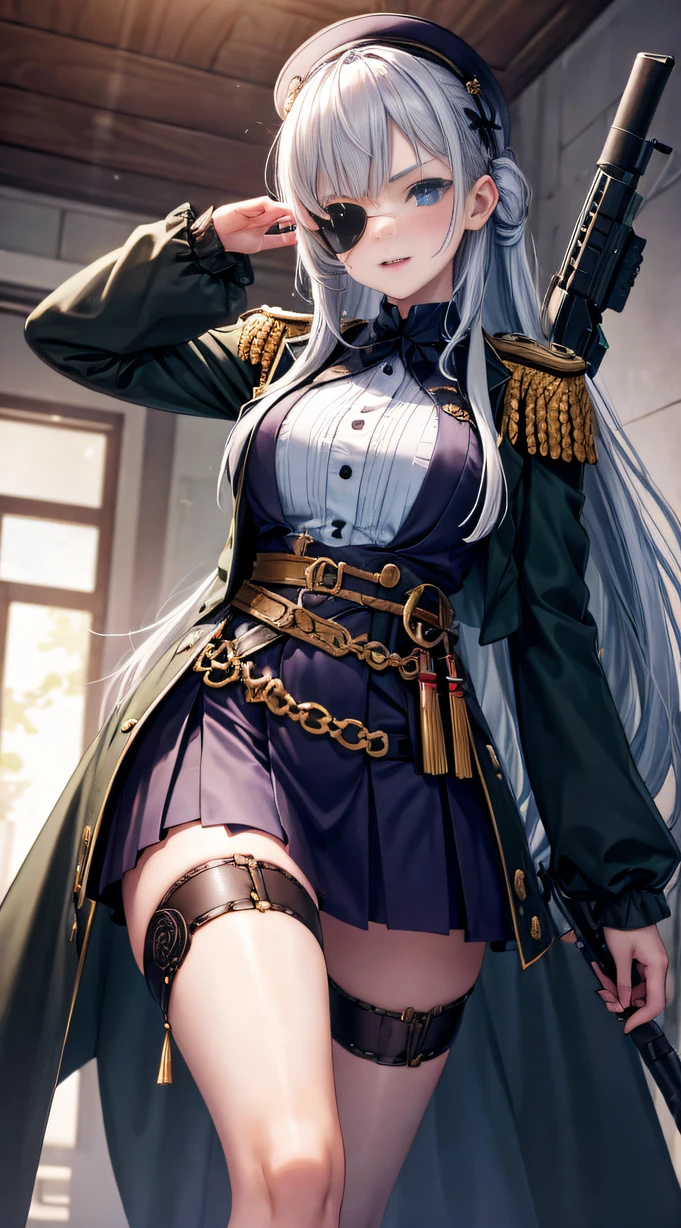 Girls -20，countenance、The figure can be more mature, Gun-bearing weapons；Military uniforms；There is an eye patch；Some elements of the Nordic style are retained