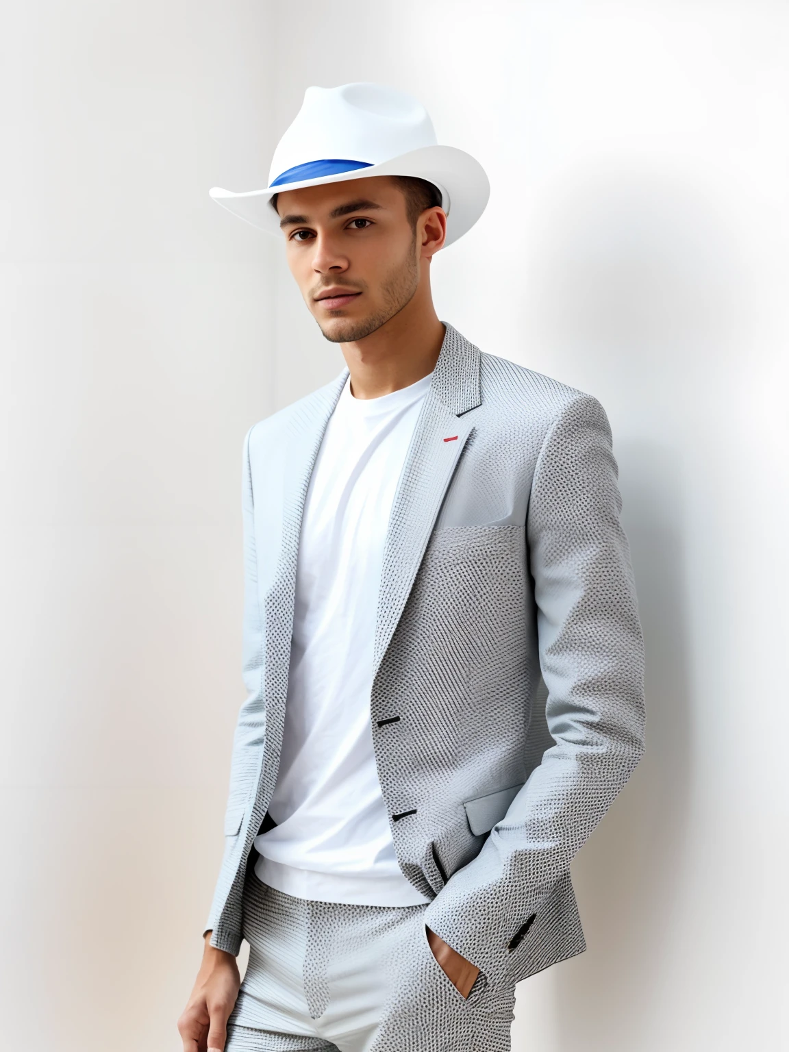 young hipster style man standing from front, wears retro suit, puts on hat, light white background, side lighting, half length shot, high quality photo,light white background,