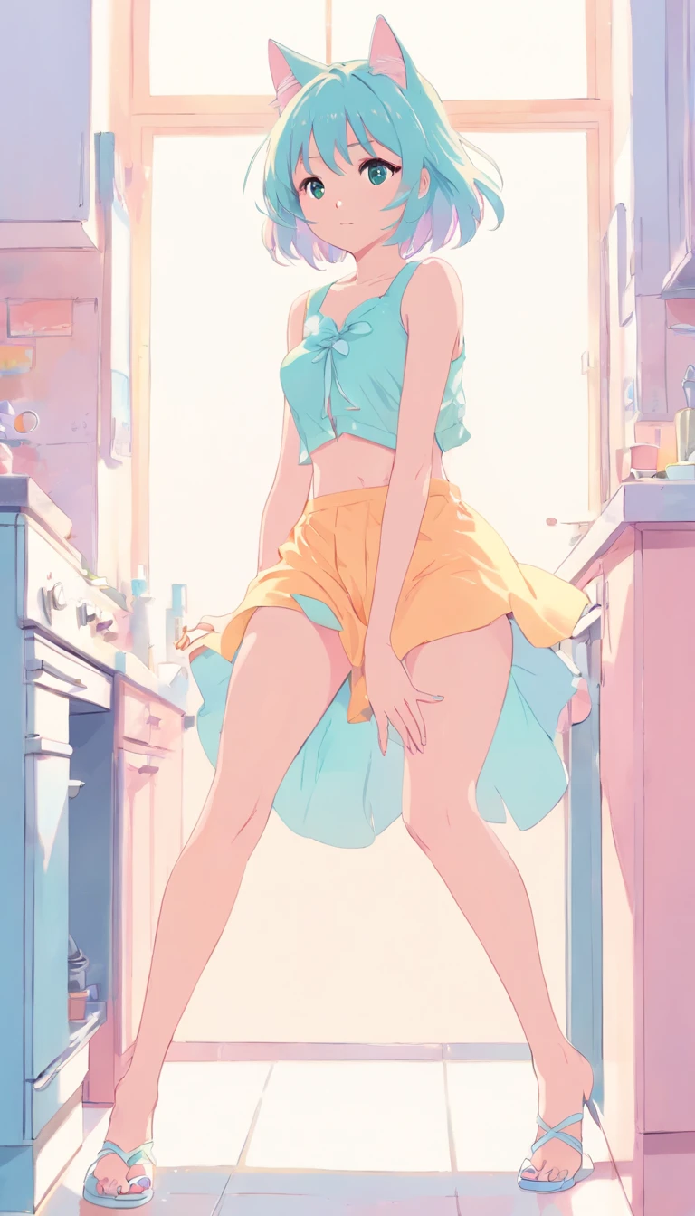 cat, full body, adult body, 1 girl, medium chest, legs, thighs, (pastel color: 1.5), (cute illustration: 1.5), (watercolor: 1.2), white background background