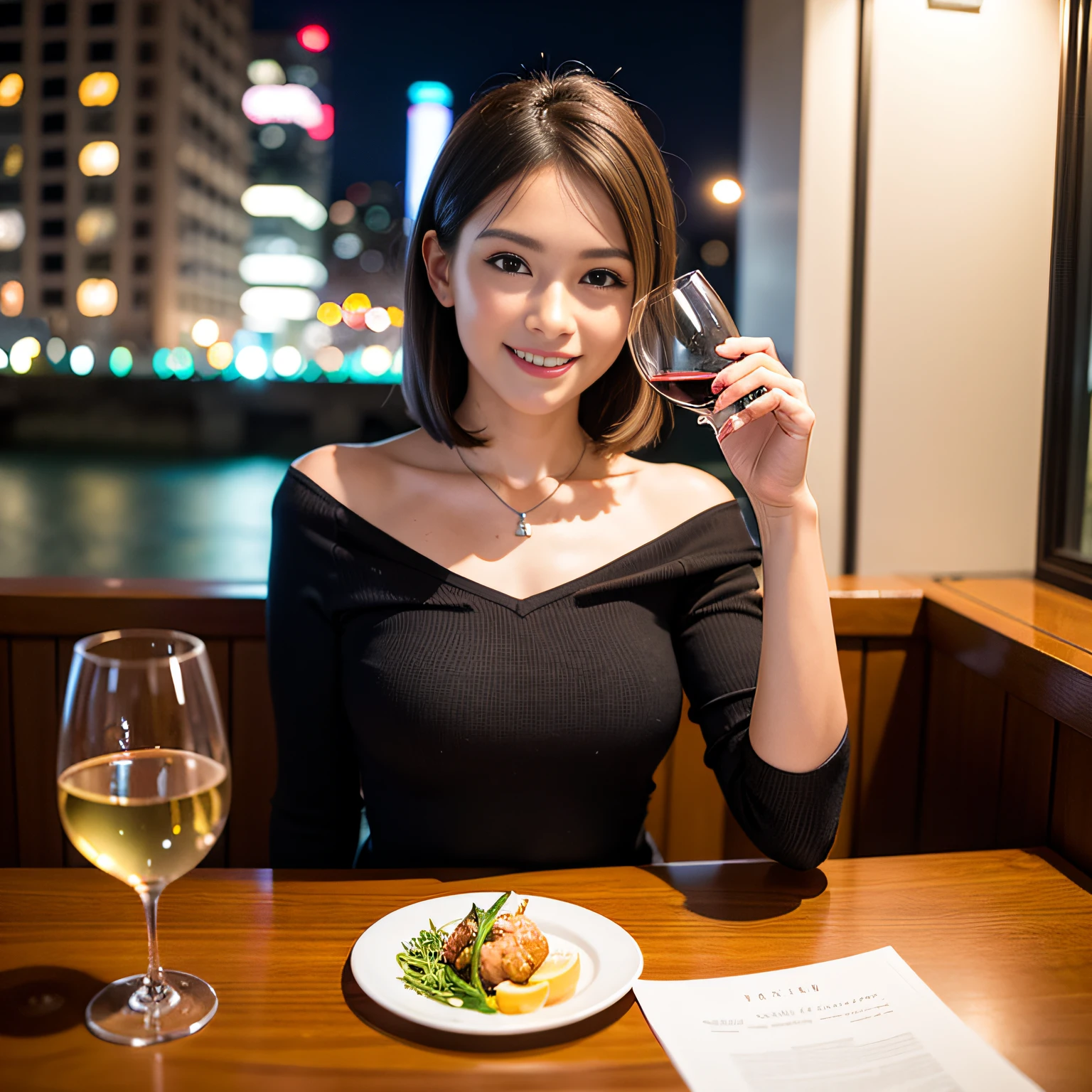 (64K, UHD, top quality, masterpiece: 1.2), (realistic, photorealistic: 1.37), super detailed, pretty woman 1 person, (slim face), (slim body), (brown hair), (short cut), cheeks slightly blushing, (44 years old), 38 years old, solo, beautiful detailed urban night view outside the window, restaurant, wine glasses sit, at night, in a prominent placeNovaFrogStyle, Actress, Model, Waist Up, White Wine, Slim, Wine Glass, Super Clean Night View, Wine Glass Put in the Middle, Happy Smile, (Smile: 1.15), Beautiful Fine Eyes, Upper Body, Bust Japan Up, Night, Short, Short, Actress, Model, Waist Up, White Wine, Slim, Wine Glass, Super Clean Night View, Wine Glass Put in the Middle, Happy Smile,