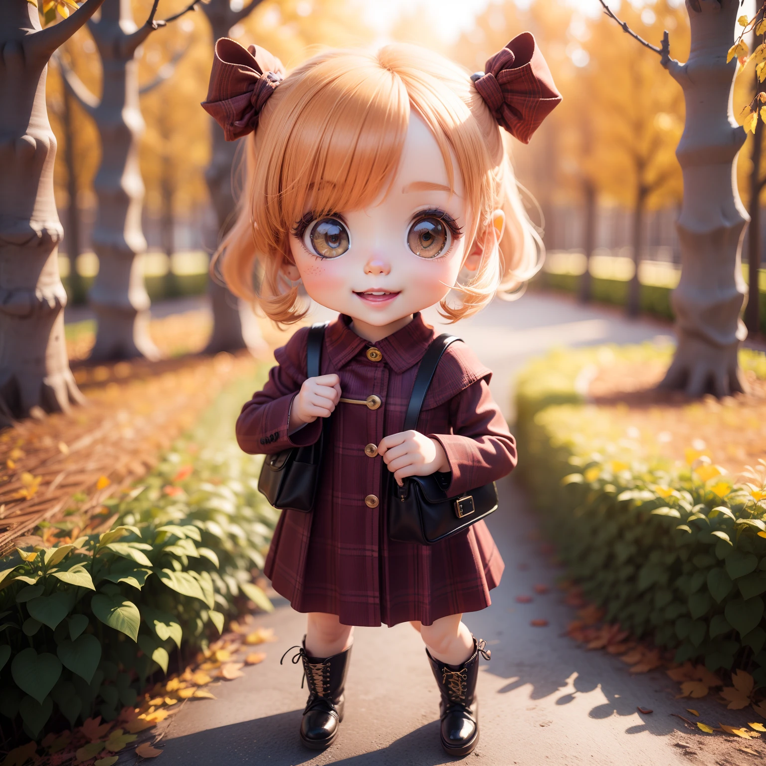 Cute Baby Chibi Anime,(((Chibi 3D))) (Best Quality) (Master Price)、Tartan Check Dress、Amiage Boots、Standing、Detailed small face、Open your mouth and smile、Fairytale autumn forest、Dazzling morning sun、Block Check Shoulder Bag