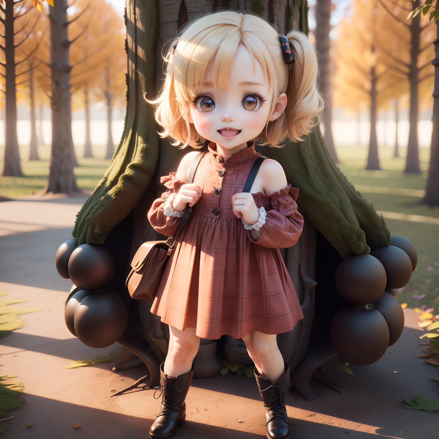 Cute Baby Chibi Anime,(((Chibi 3D))) (Best Quality) (Master Price)、Tartan Check Dress、Amiage Boots、Standing、Detailed small face、Open your mouth and smile、Fairytale autumn forest、Dazzling morning sun、Block Check Shoulder Bag