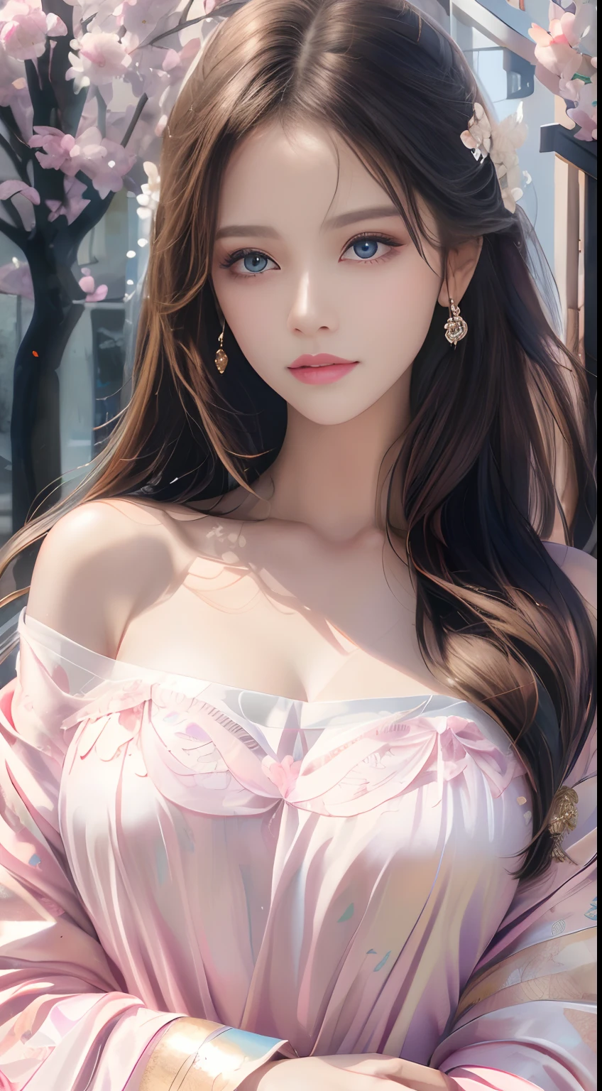 best qualtiy，tmasterpiece，A high resolution，1girll，Dingdall effect，realisticlying，edge lit，twotonelighting，（highdetailskin：1.2），8K  UHD，Pure，Sweet，Flower background，Colorful background，Based on physical rendering，Perfect light and shadow，extreme hight detail，Pink tones，Eye reflections，Raised sexy，perfect bodies，Superb beauty，largeeyes，long eyelasher，Delicate eyes，large shiny eyes，Minor pupillary reflexes，Shoulder and neck details，The pupil texture is delicate，Perfect eyes，Black pupils，best qualtiy，tmasterpiece，16k，A picture，head portrait，Bigchest，longer sleeves，Take care of your chest，Large breasts，Delicate avatar