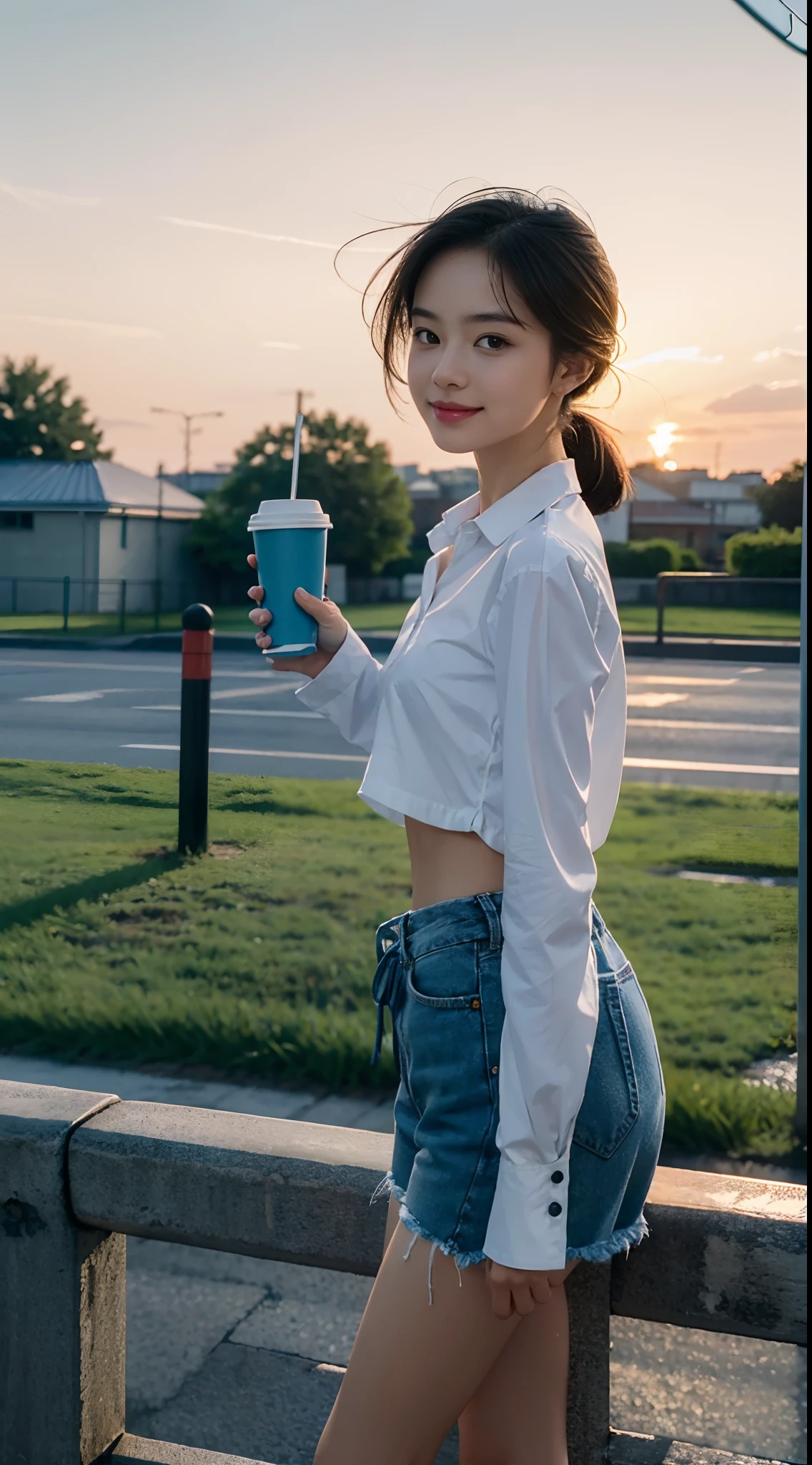 ((Small underboob)), (shoulder-length straighthair: 1.2), Black hair,Short ponytail，（Extremely meticulous CG 8k wallpaper），（Extremely refined and beautiful），（Masterpiece），（best qualtiy：1.0），（Ultra High Resolution：1.0），beautiful light up，Perfect lightning，realistic shaded，[A high resolution]，Smooth and flawless fair skin，Extremely exquisite facial details，（perfect body：1.1），ultra - detailed，A beautiful girl，small head，(Small breasts:1.1)，Flat chests，slim，thin，Smile，cheerfulness，（white collared long sleeved shirt:1.1），（blue shorts：1.1），White sandals，Summer，Dusk, sunset light，Standing by the fence of the school，At the school gate，Holding a Long tube blue coffee cup in hand，Close Shot，