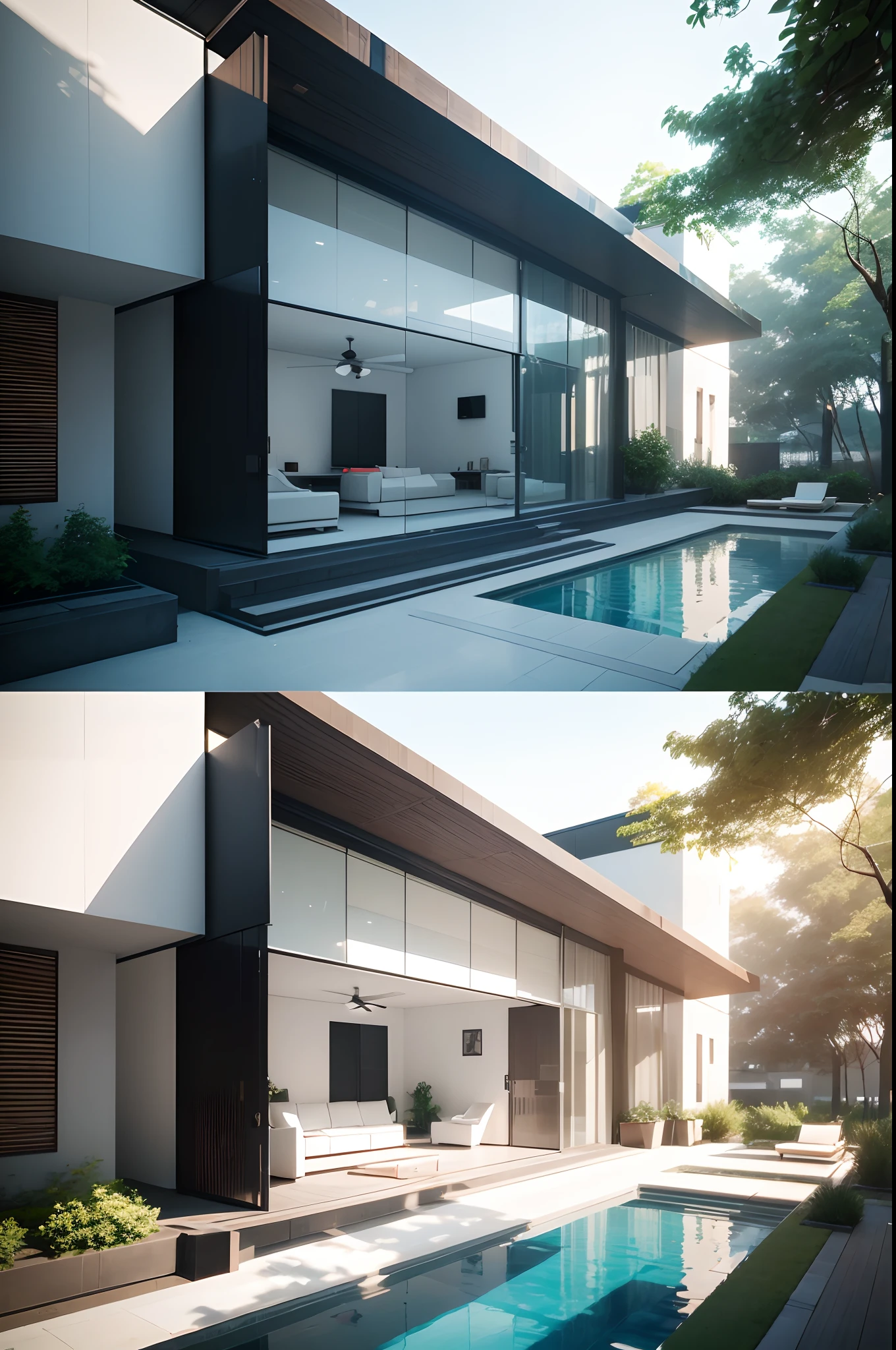 Modern minimalist architecture，Pay attention to the openness and transparency of the space，At the same time, Emphasize the matching of colors and the use of light and shadow。Inside the building，We used some clean lines and geometric shapes to create a modern feel，We also designed a separate balcony and terrace for the master bedroom and living room，The spacious garden is designed as an outdoor relaxation area，Meet the needs of owners for natural landscapes。About the exterior design of the villa，We use simple lines and geometric shapes to create a modern feel。We chose white as the main color，Create freshness、Bright visuals。ao mesmo tempo，We also used large areas of glazing and floor-to-ceiling doors，to increase indoor light and views。。Additionally，We also designed some chic décor and details for the villa，Such as metal railings、Sculpture in modern style, etc，Add artistry and personality to the villa。The exterior of the building is required，The total construction area is 400 square meters，Facade renderings in all directions are required