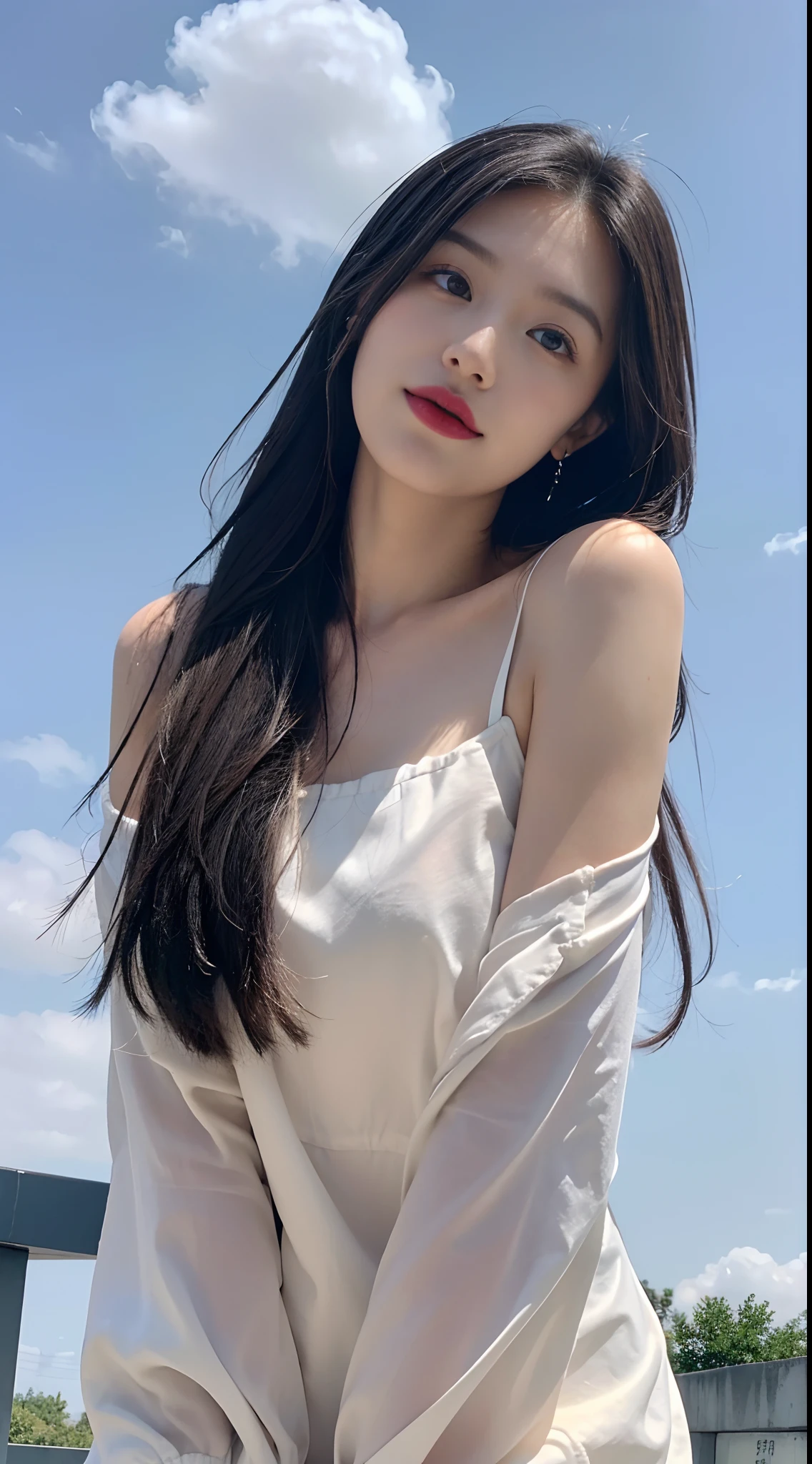((best qualtiy, 8K, tmasterpiece:1.3)), A pretty maiden，Pure，Melon seed face，gentle and cute，A sweet smile，Pure desire，Thin stature，(frontage)，(Tilt your head)，staring right into camera，uniform, Obi, formal，Black silky long, Straight hair，Long hair flowing over the shoulders，round black big eyes，Clear big eyes，Hydrated red lips，Sweet，sitted，with blue sky and white clouds，城市