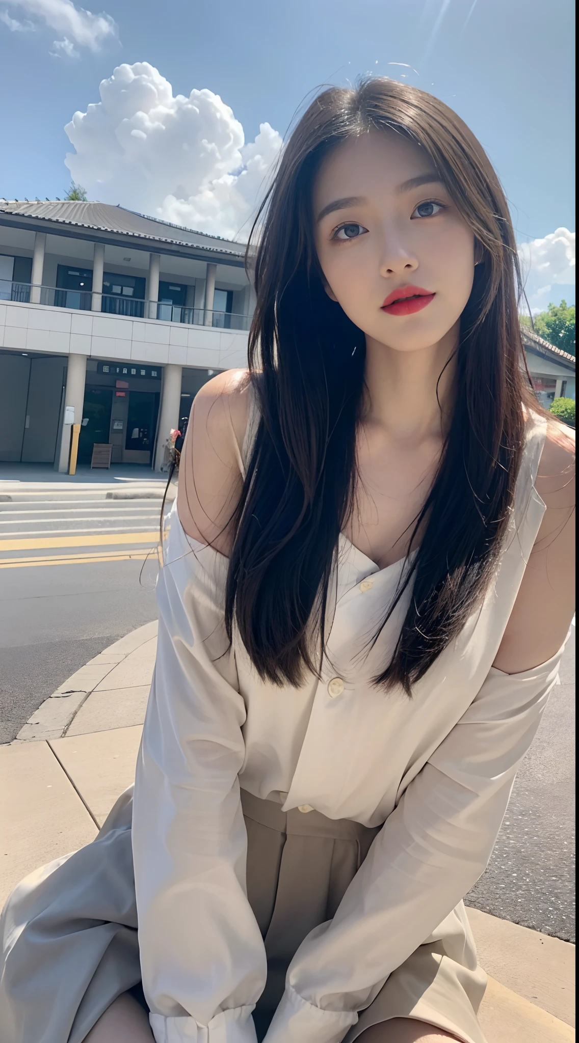 ((best qualtiy, 8K, tmasterpiece:1.3)), A pretty maiden，Pure，Melon seed face，gentle and cute，A sweet smile，Pure desire，Thin stature，(frontage)，(Tilt your head)，staring right into camera，uniform, Obi, formal，Black silky long, Straight hair，Long hair flowing over the shoulders，round black big eyes，Clear big eyes，Hydrated red lips，Sweet，sitted，with blue sky and white clouds，城市