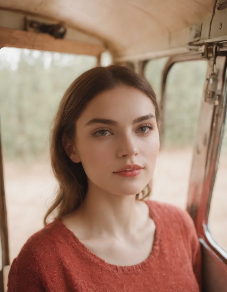 analog photography, ((upper body)), grain film, vintage photo, portra 400, flash, in the style of lo-fi aesthetics, a girl in near a camping trailer, light beige and red,
