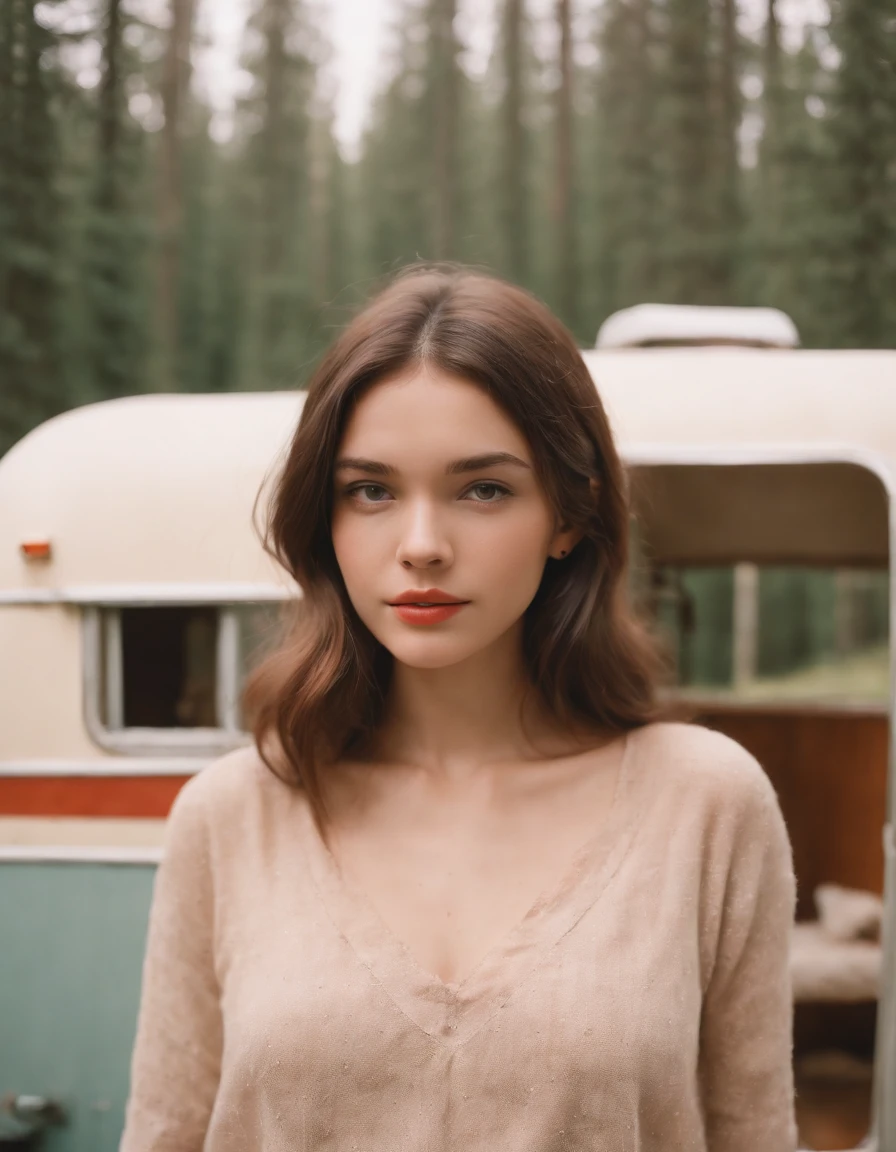analog photography, ((upper body)), grain film, vintage photo, portra 400, flash, in the style of lo-fi aesthetics, a girl in near a camping trailer, light beige and red,