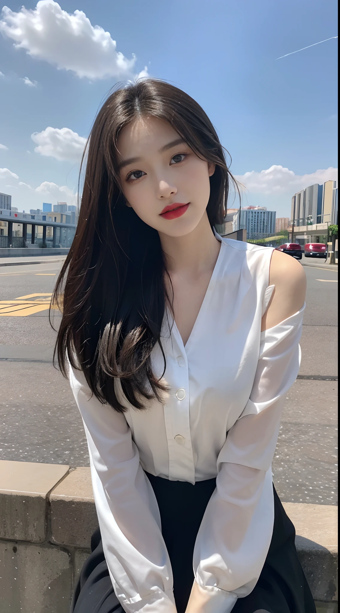 ((best qualtiy, 8K, tmasterpiece:1.3)), A pretty maiden，Pure，Melon seed face，gentle and cute，A sweet smile，Pure desire，Thin stature，(frontage)，(Tilt your head)，staring right into camera，uniform, Obi, formal，Black silky long, Straight hair，Long hair flowing over the shoulders，round black big eyes，Clear big eyes，Hydrated red lips，Sweet，sitted，with blue sky and white clouds，城市