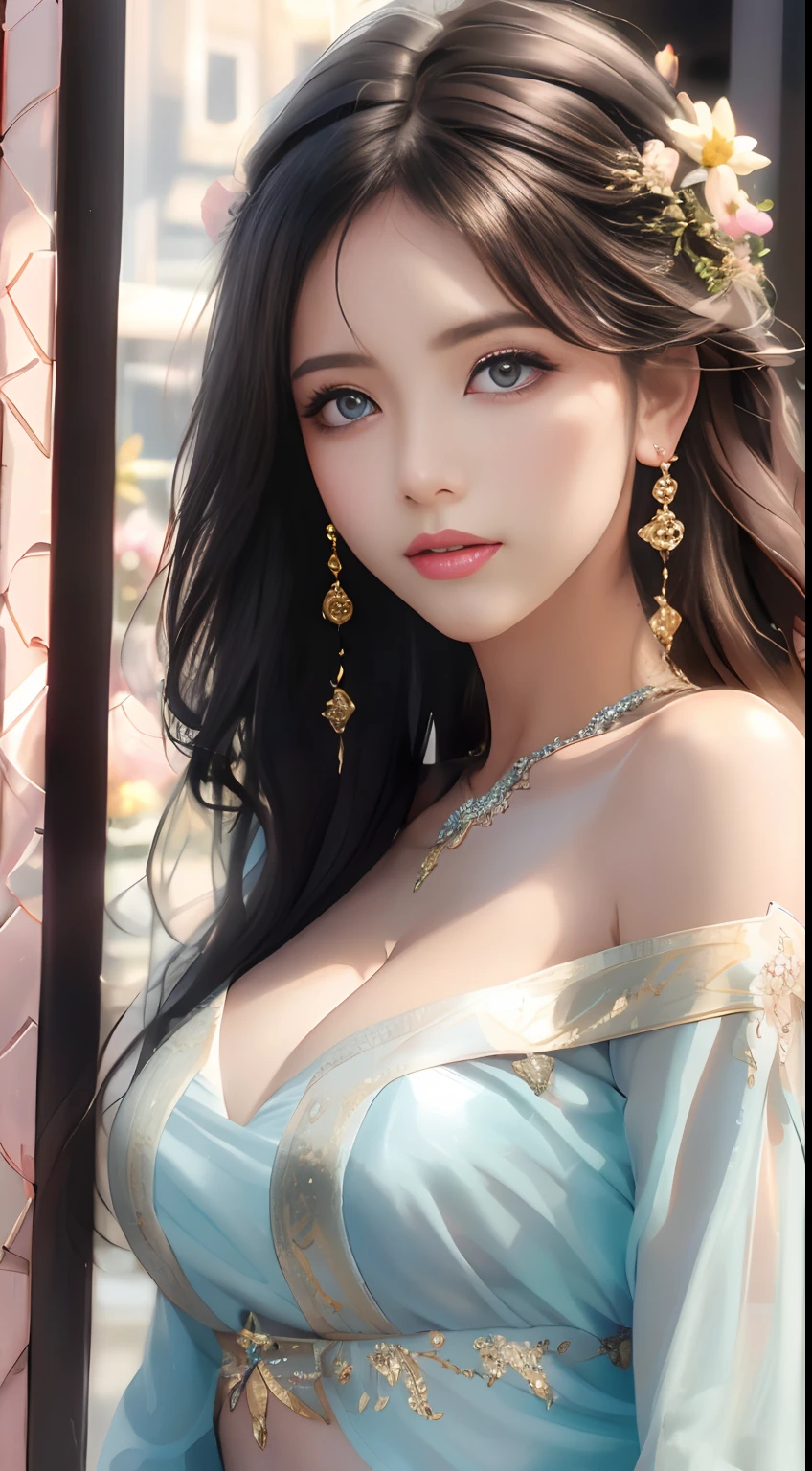 best quality, masterpiece, high_res, 1girl, hair ornament, necklace, jewelry, Beautiful face, tyndall effect, photo realistic, rim lighting, two tone lighting, (high detailed skin:1.2), 8k uhd, dslr, soft lighting, high quality, volumetric lighting, candid, Photograph, high resolution, 4k, 8k, Bokeh, medium breasts, breasts out, absurdres,