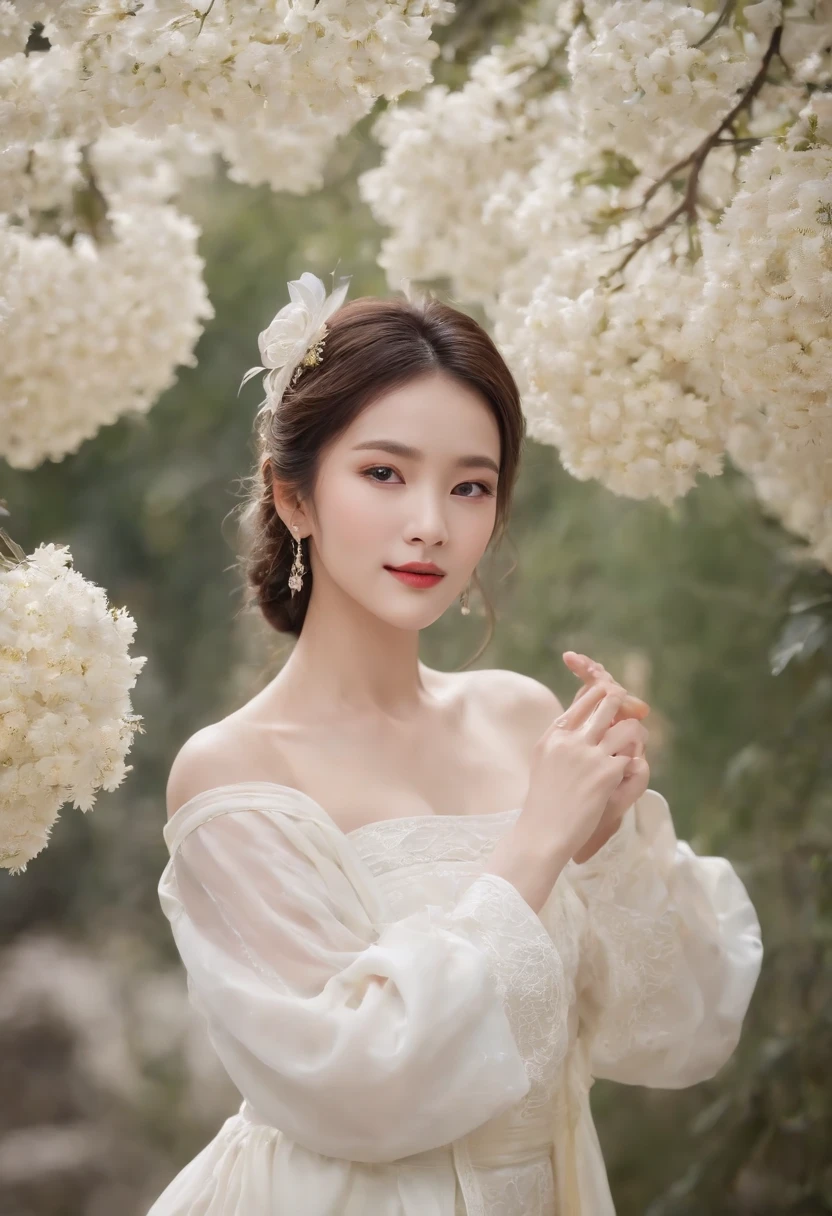 (Masterpiece, Best quality: 1.4), the night,moon full,Detailed background,Ancient Chinese beauty looking at the camera,Delicate headgear,ssmile,Streamers,Gauze clothes,Floating in mid-air,Elevation viewing angle,The Milky Way is brilliant,The full moon is empty,Osmanthus flowers flutter on osmanthus trees,White little white rabbit,Cinematic lighting effects